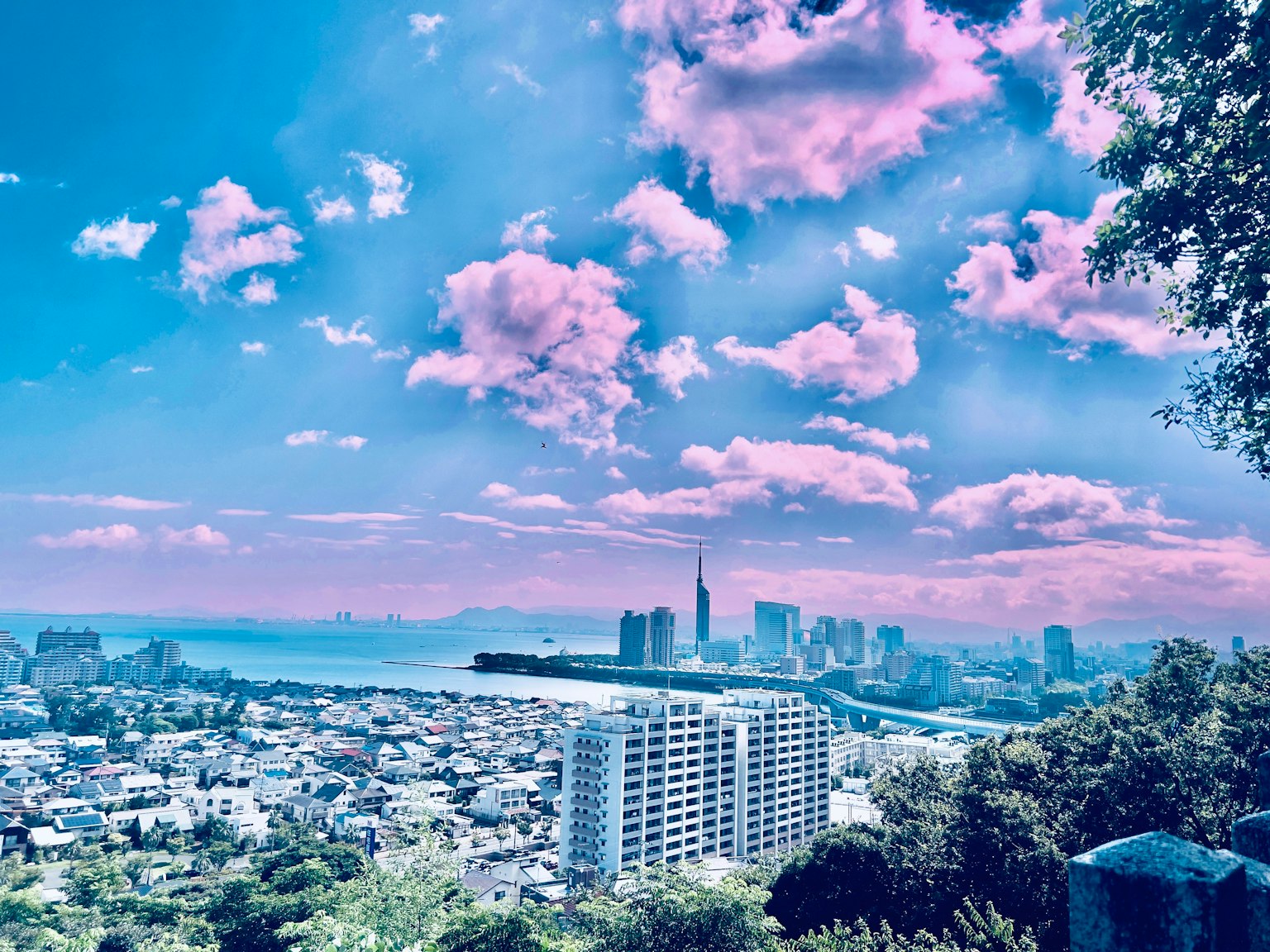 Vibrant cityscape with blue sky and pink clouds
