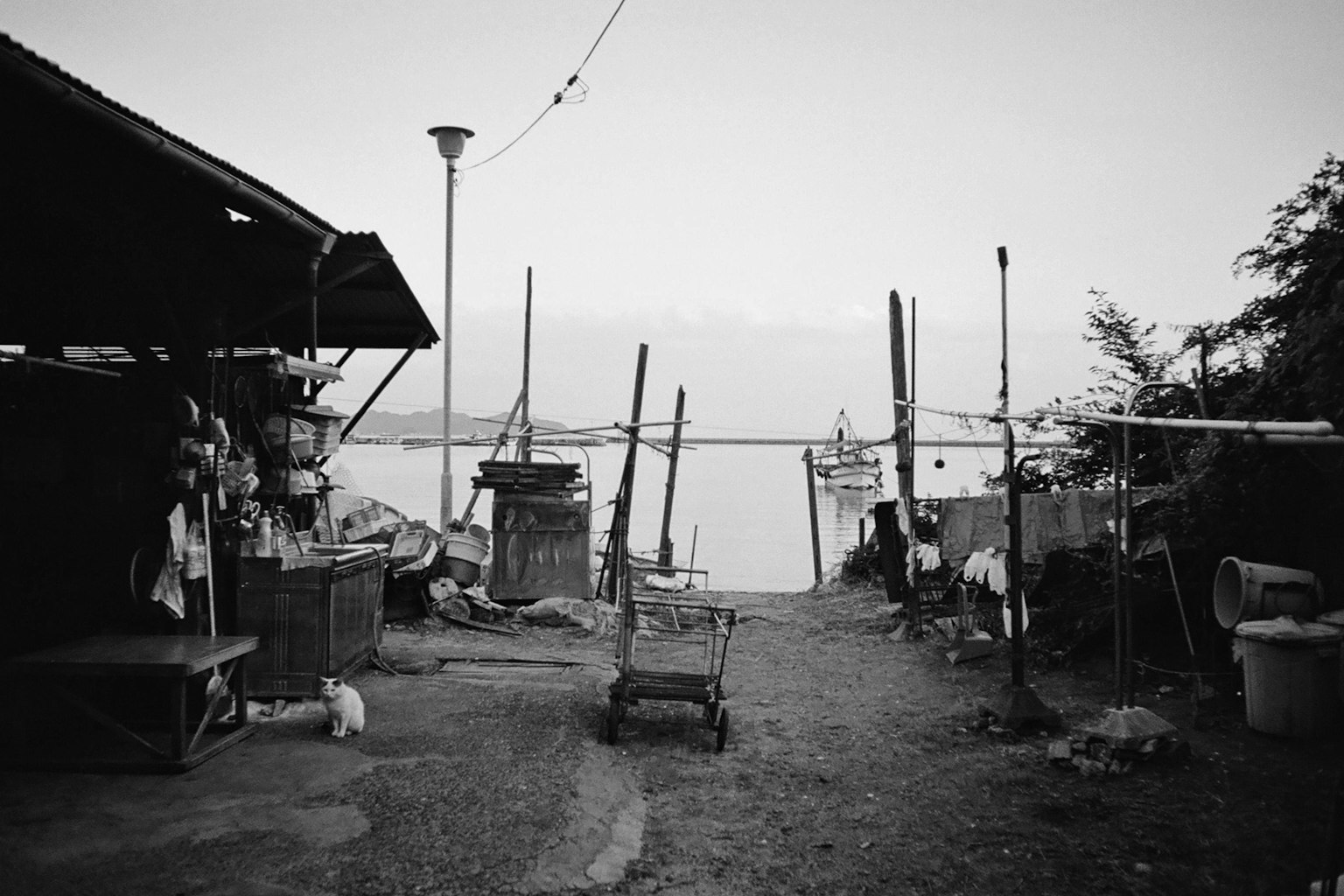 Foto in bianco e nero di un sentiero di villaggio di pescatori che porta al mare