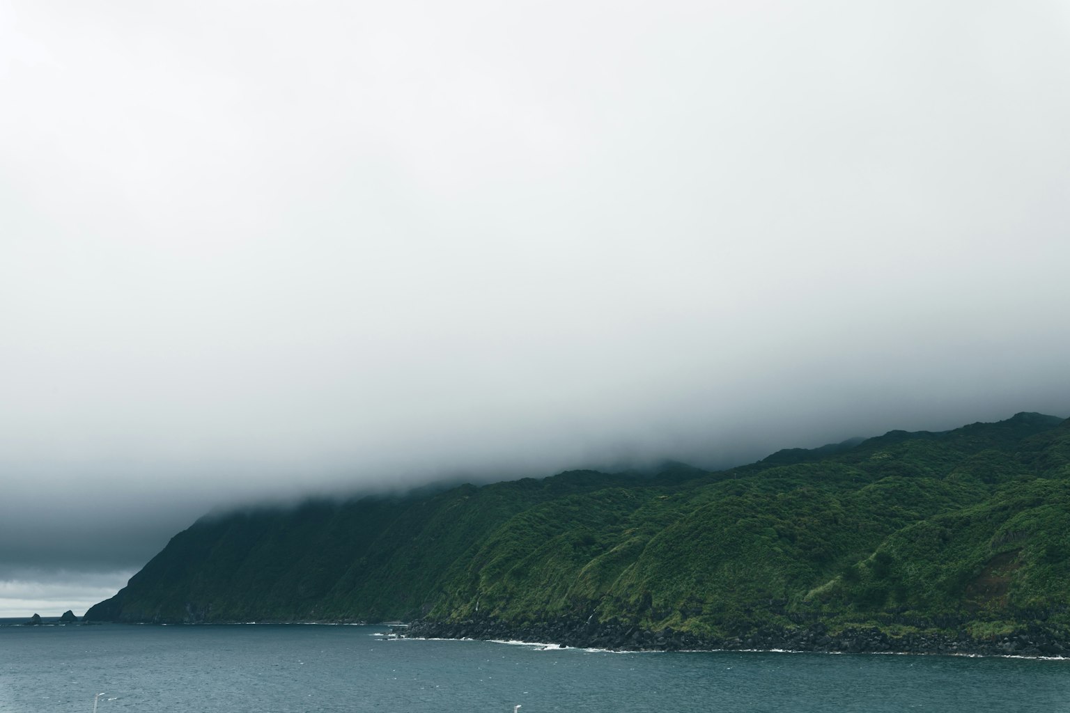 Fog-covered green hills meeting the sea