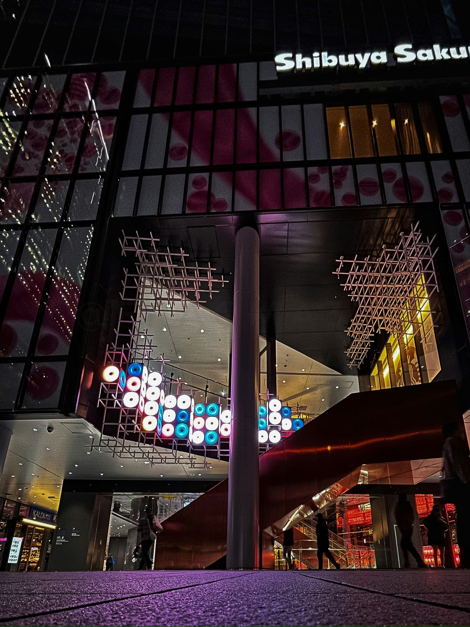 渋谷サクのネオン看板と夜の商業施設の入口
