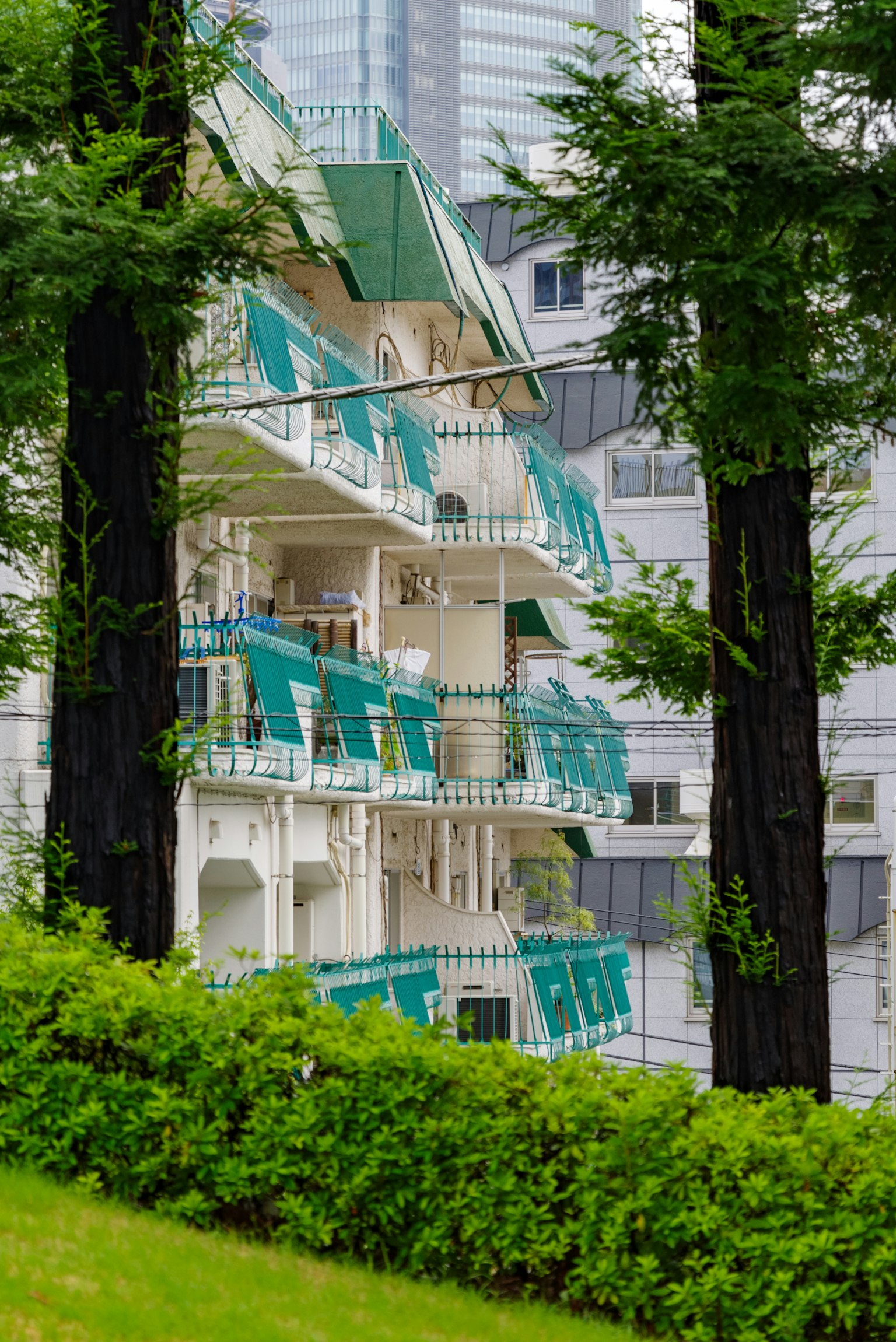 Edificio bianco con balconi blu circondato da alberi verdi