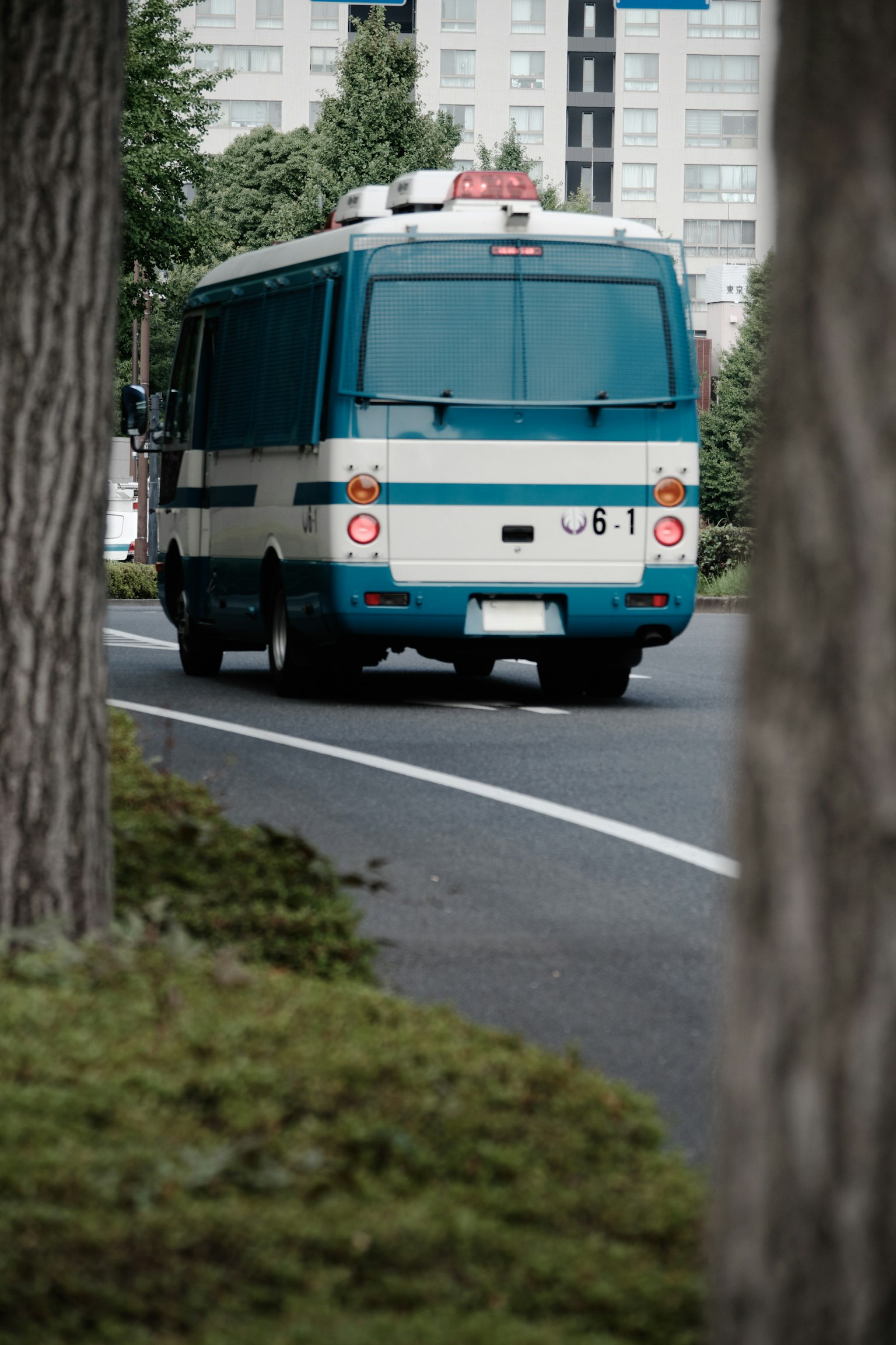 Un autobus blu e bianco che gira sulla strada