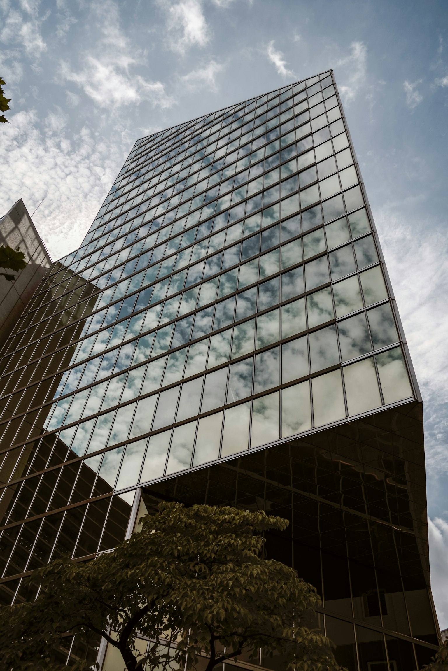 Skyscraper with glass facade reflecting the blue sky