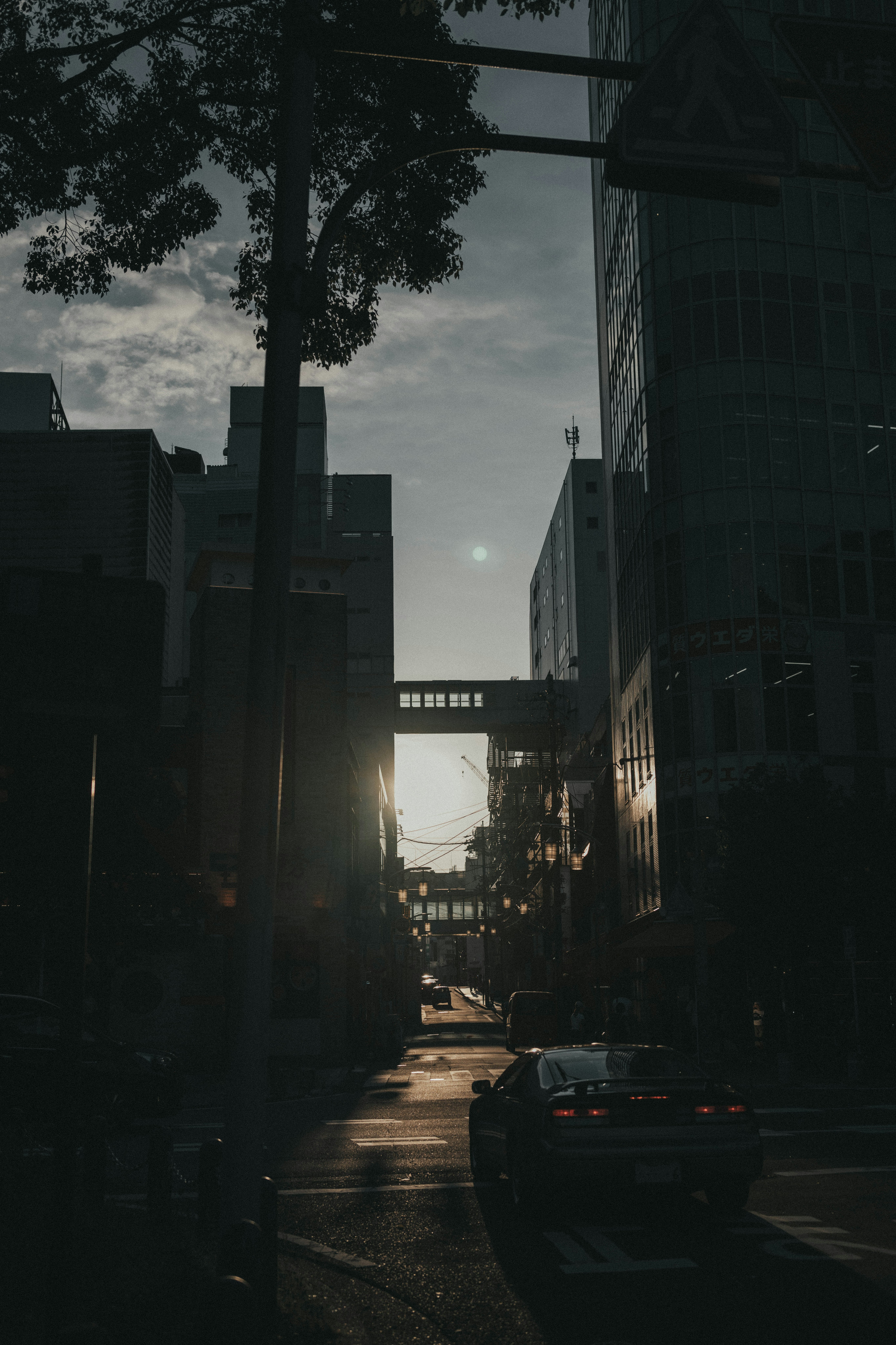callejón al atardecer con edificios y coches estacionados
