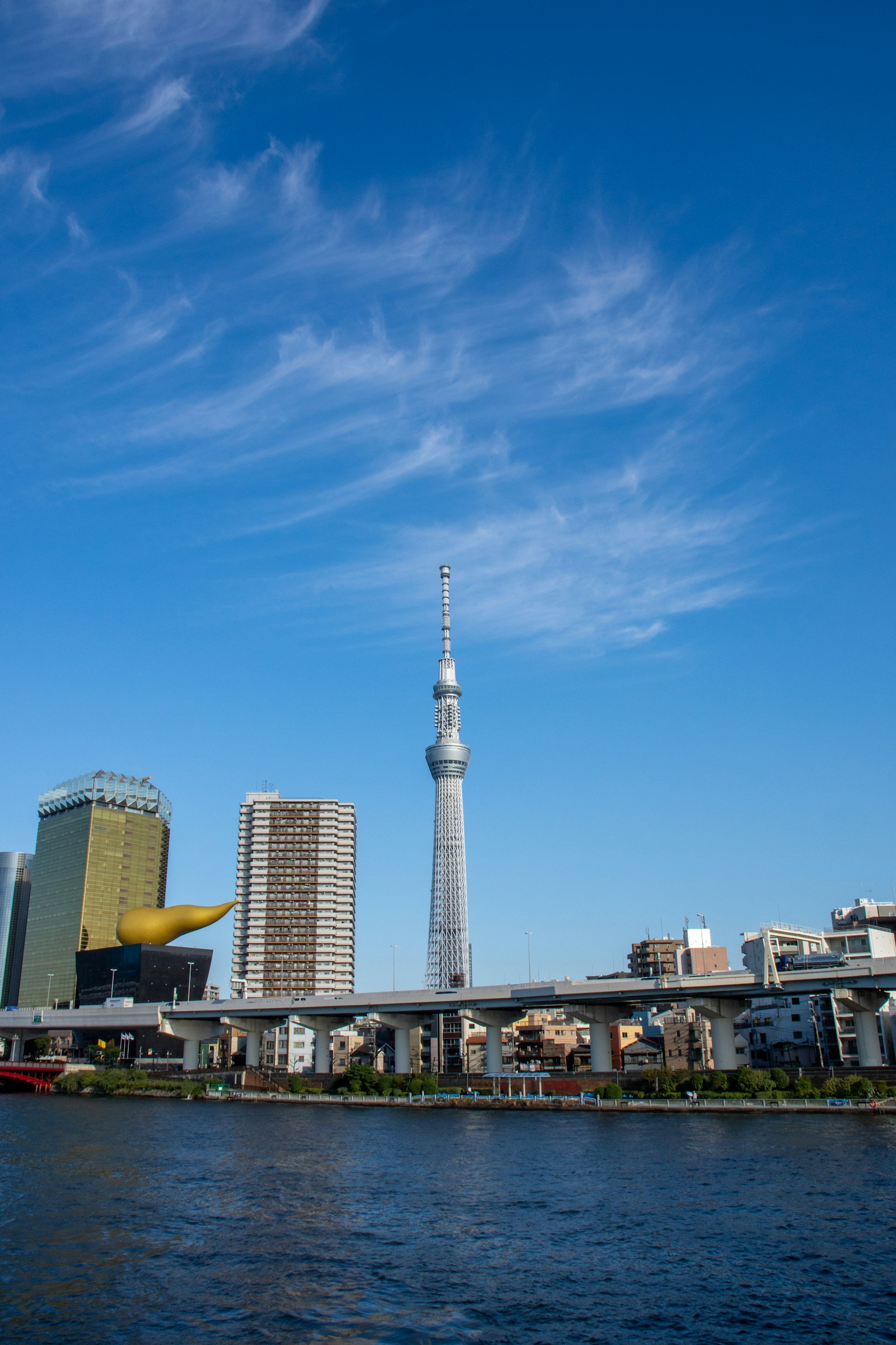 Tokyo Skytree and surrounding buildings under a blue sky