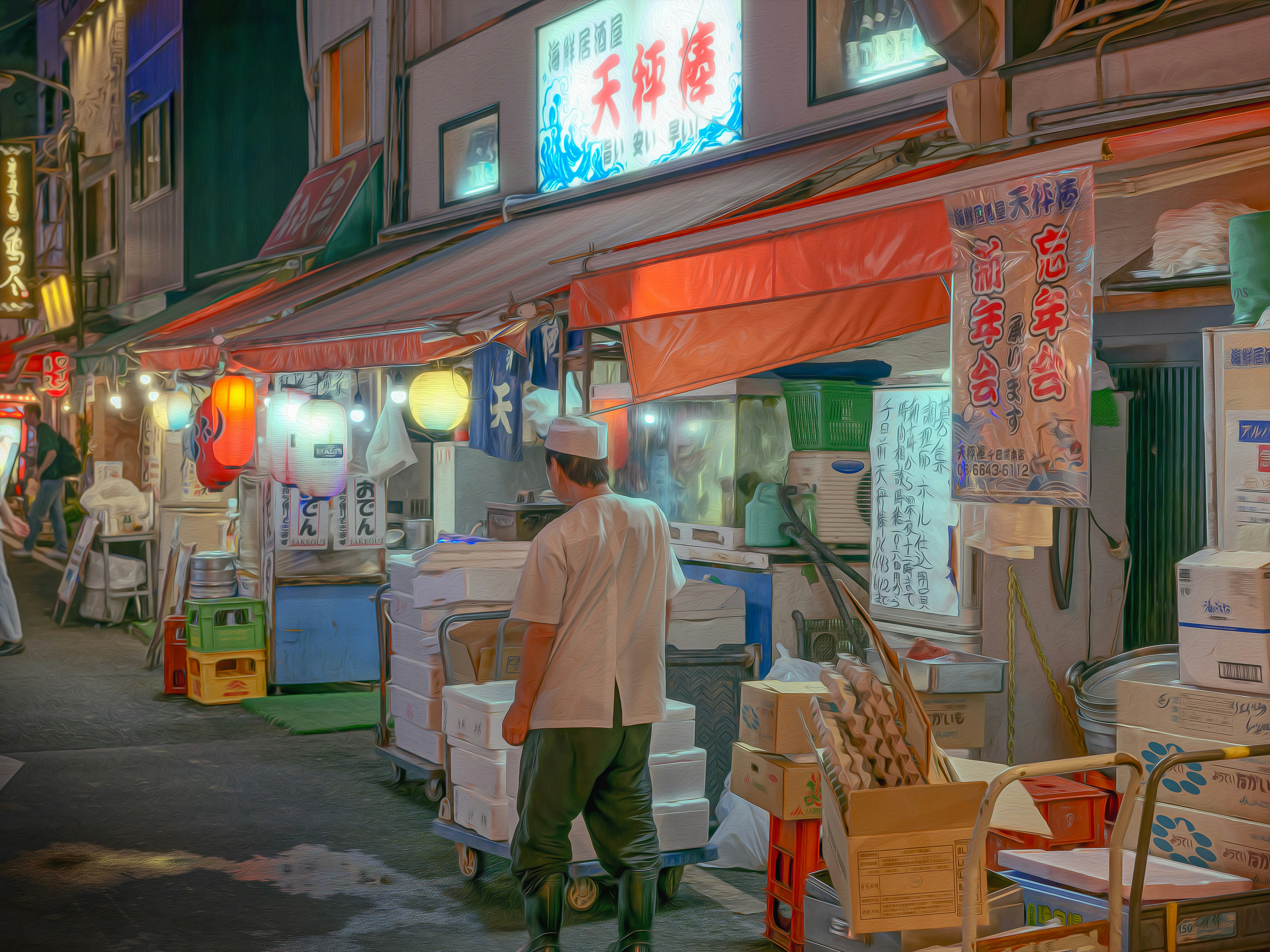 夜晚街边一排小吃摊的街道