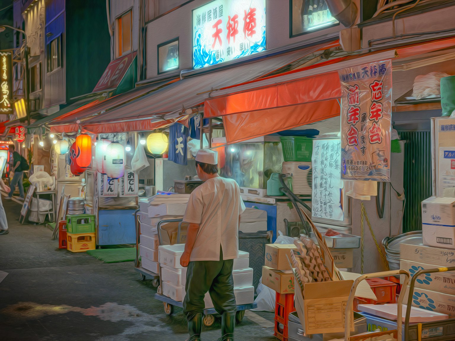 夜市中工作的人，周圍是五彩繽紛的燈籠