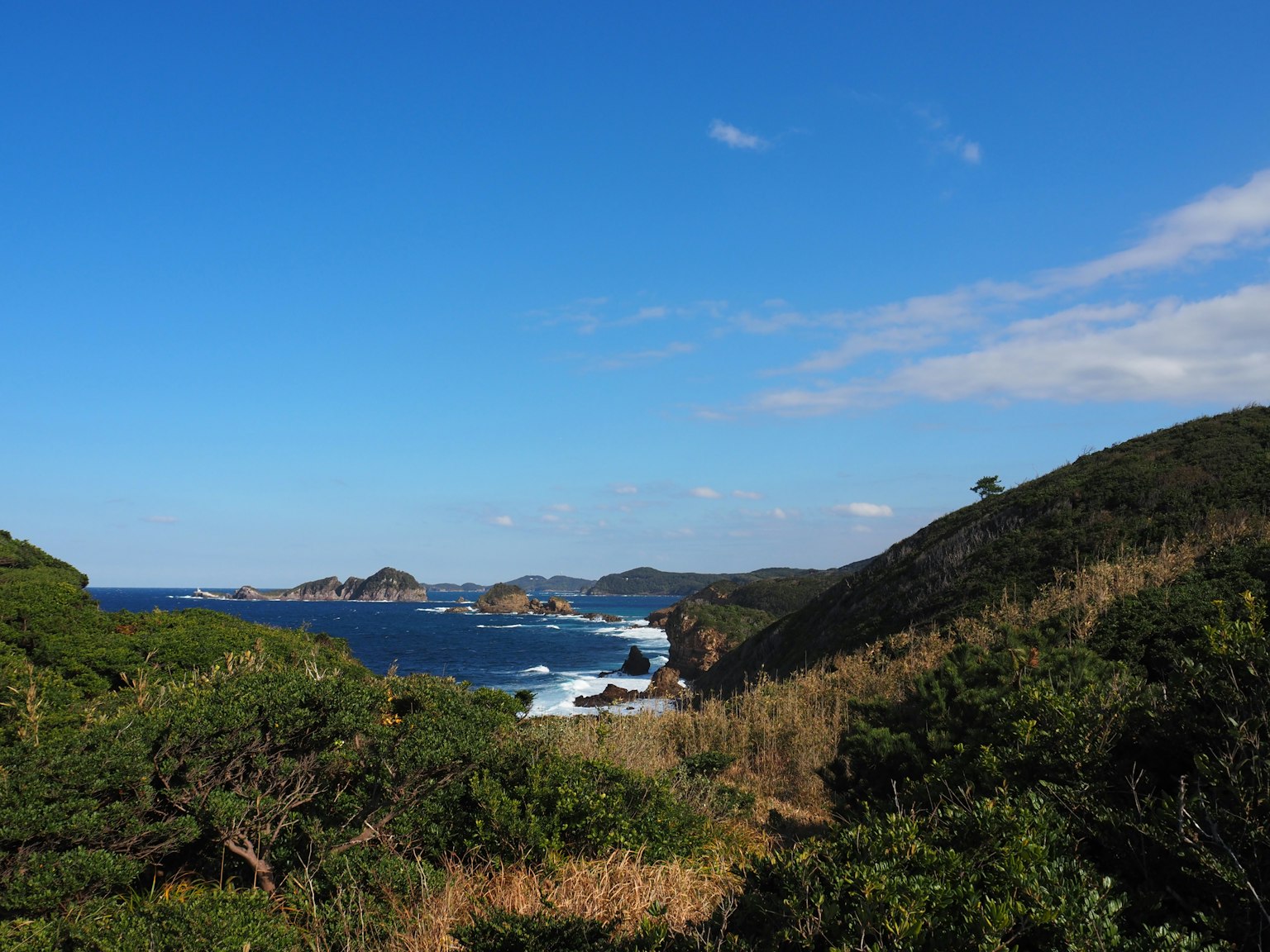 Vista panoramica di cielo blu e oceano con colline verdi e prati