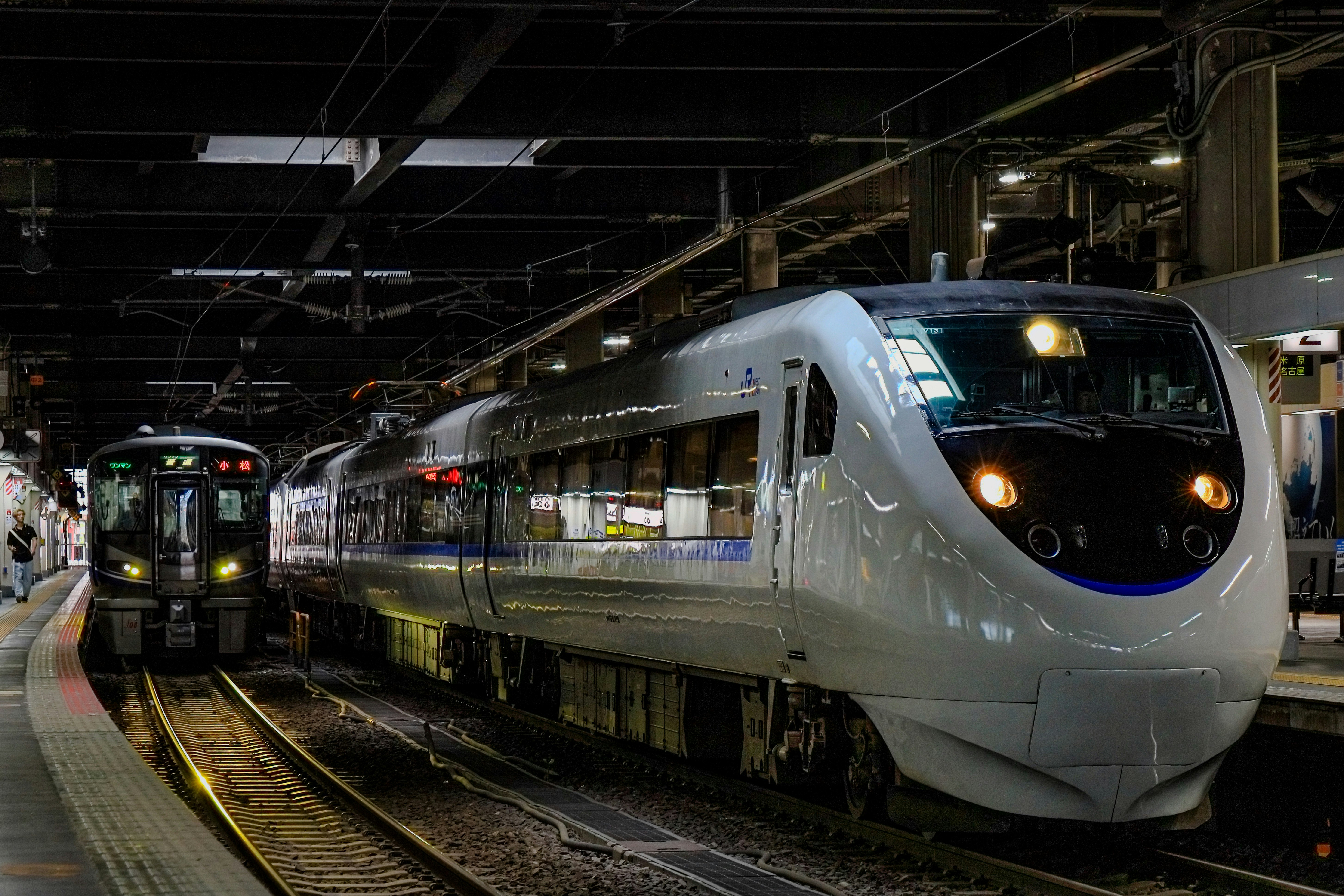 北陸本線の特急列車がホームに並ぶ駅風景