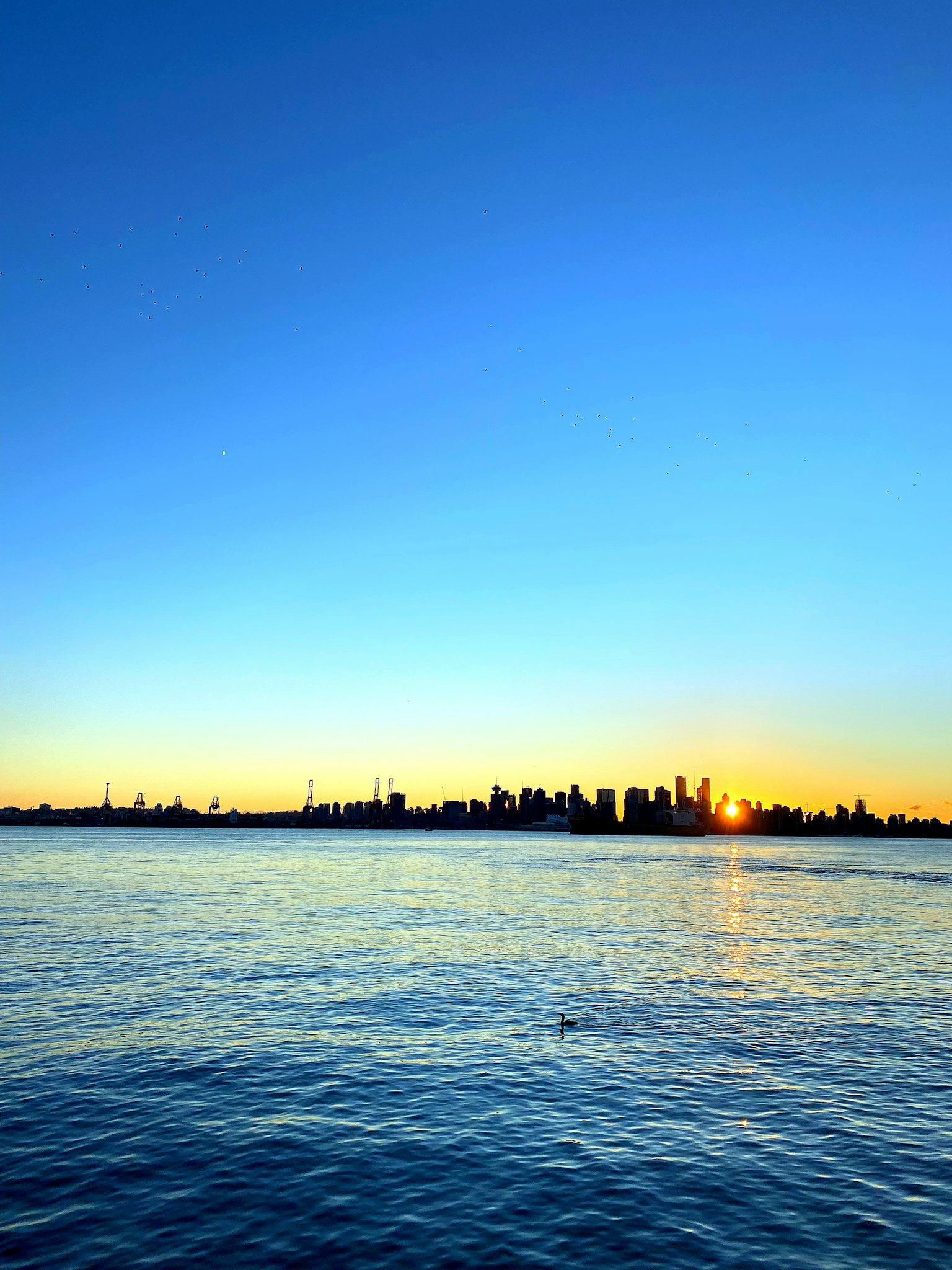 Silhouette di una città al tramonto con superficie d'acqua calma