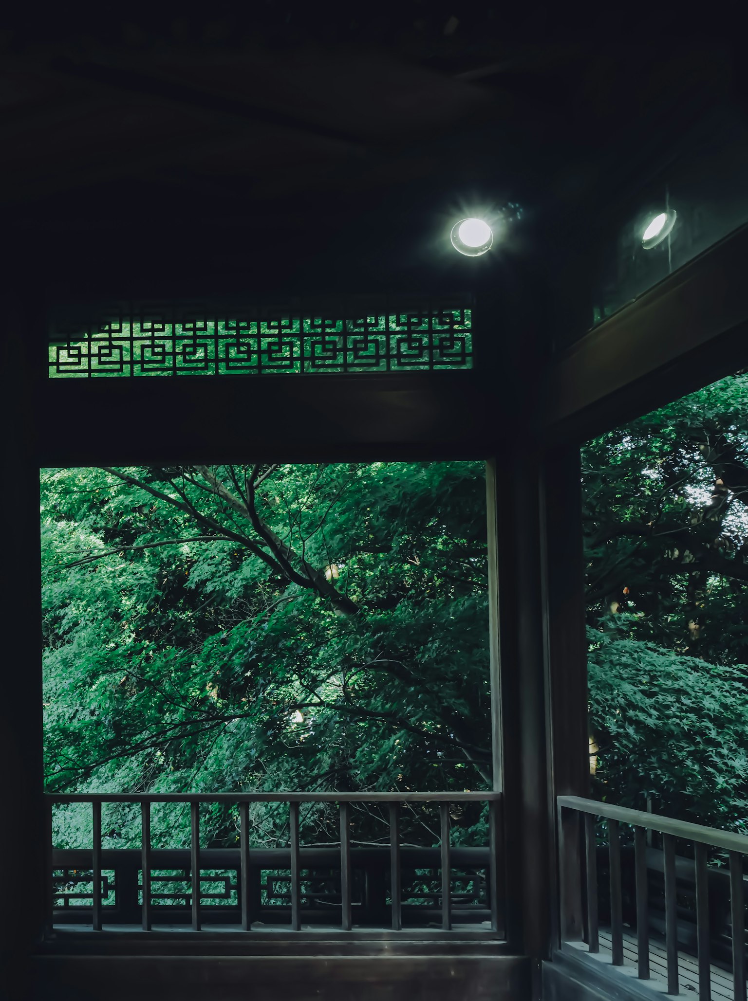 Chambre traditionnelle avec une fenêtre sur des arbres verts luxuriants