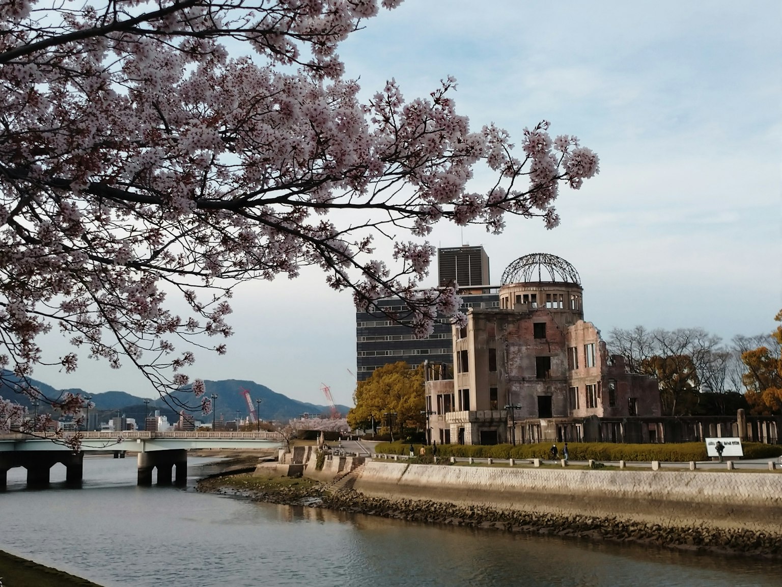 Vista del Domo de la Bomba Atómica en Hiroshima con cerezos a lo largo del río