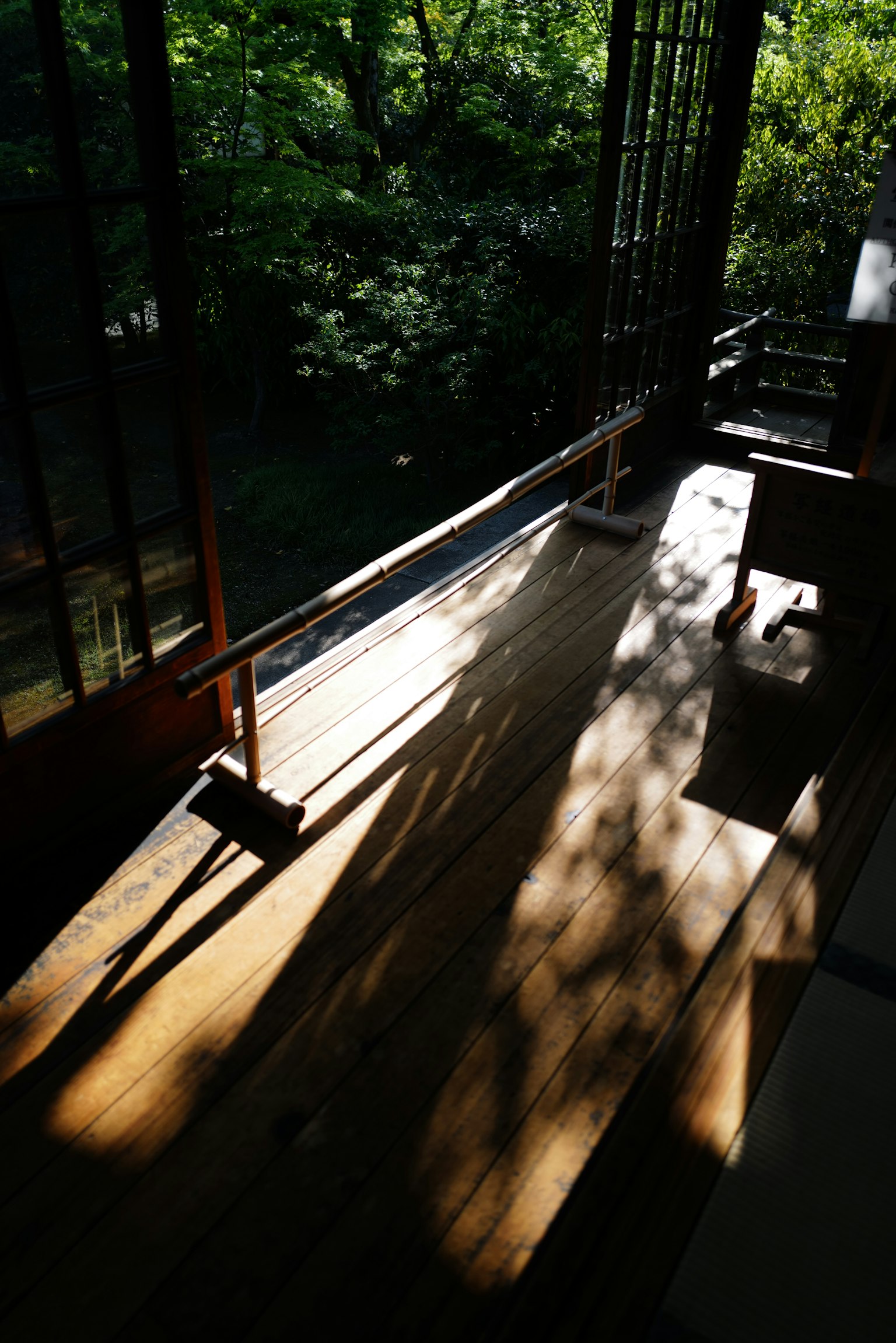 Terrasse en bois avec des ombres et un fond vert dans un cadre tranquille