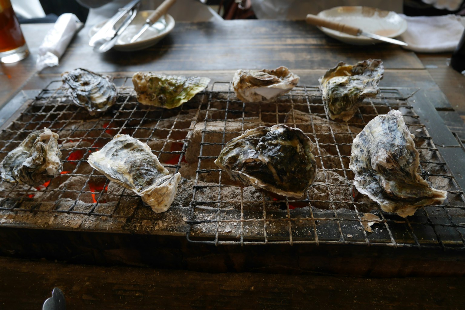 Gegrillte Austern auf einem Kohlegrill angeordnet