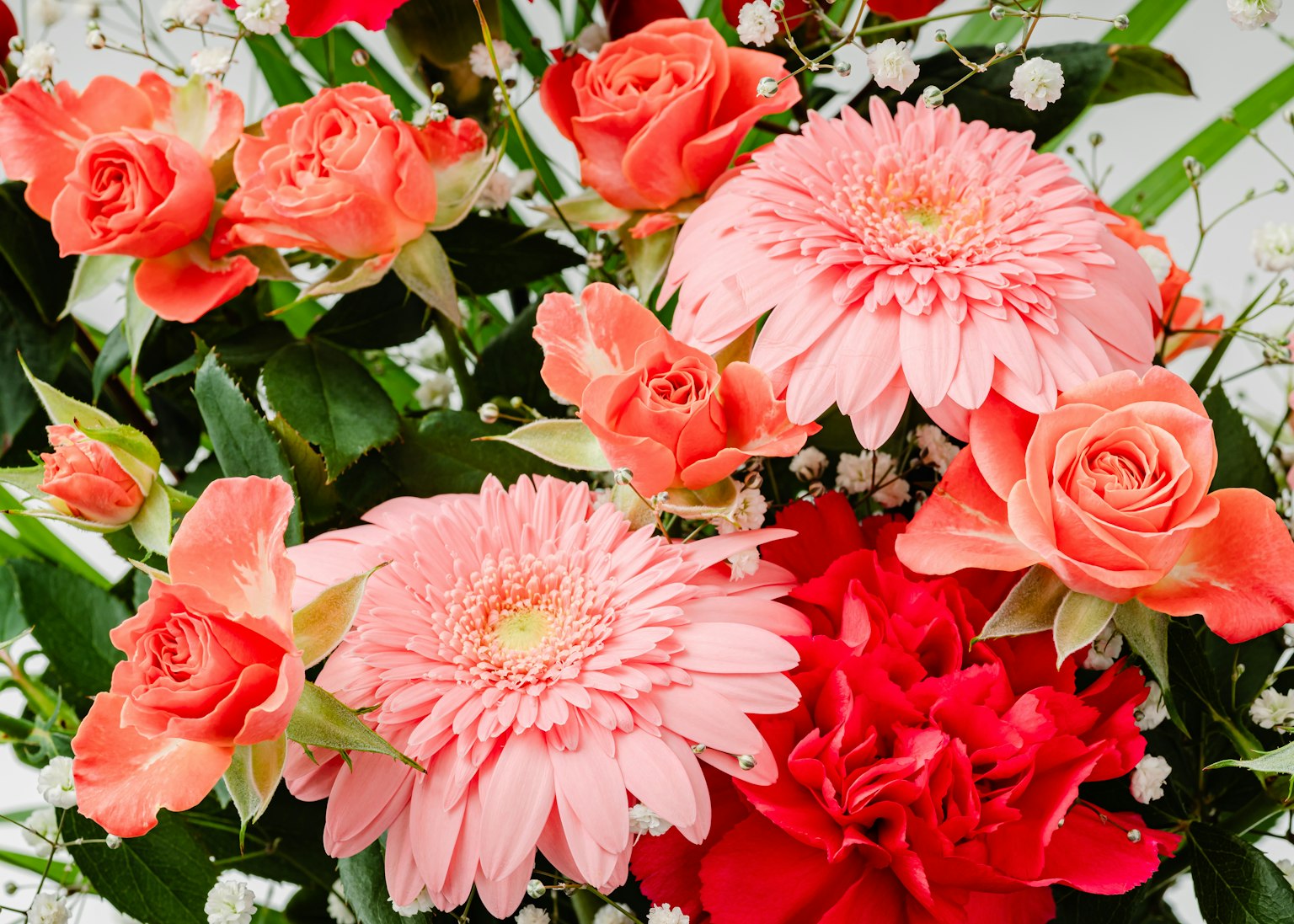 Rangkaian bunga cerah dengan gerbera merah muda dan mawar oranye