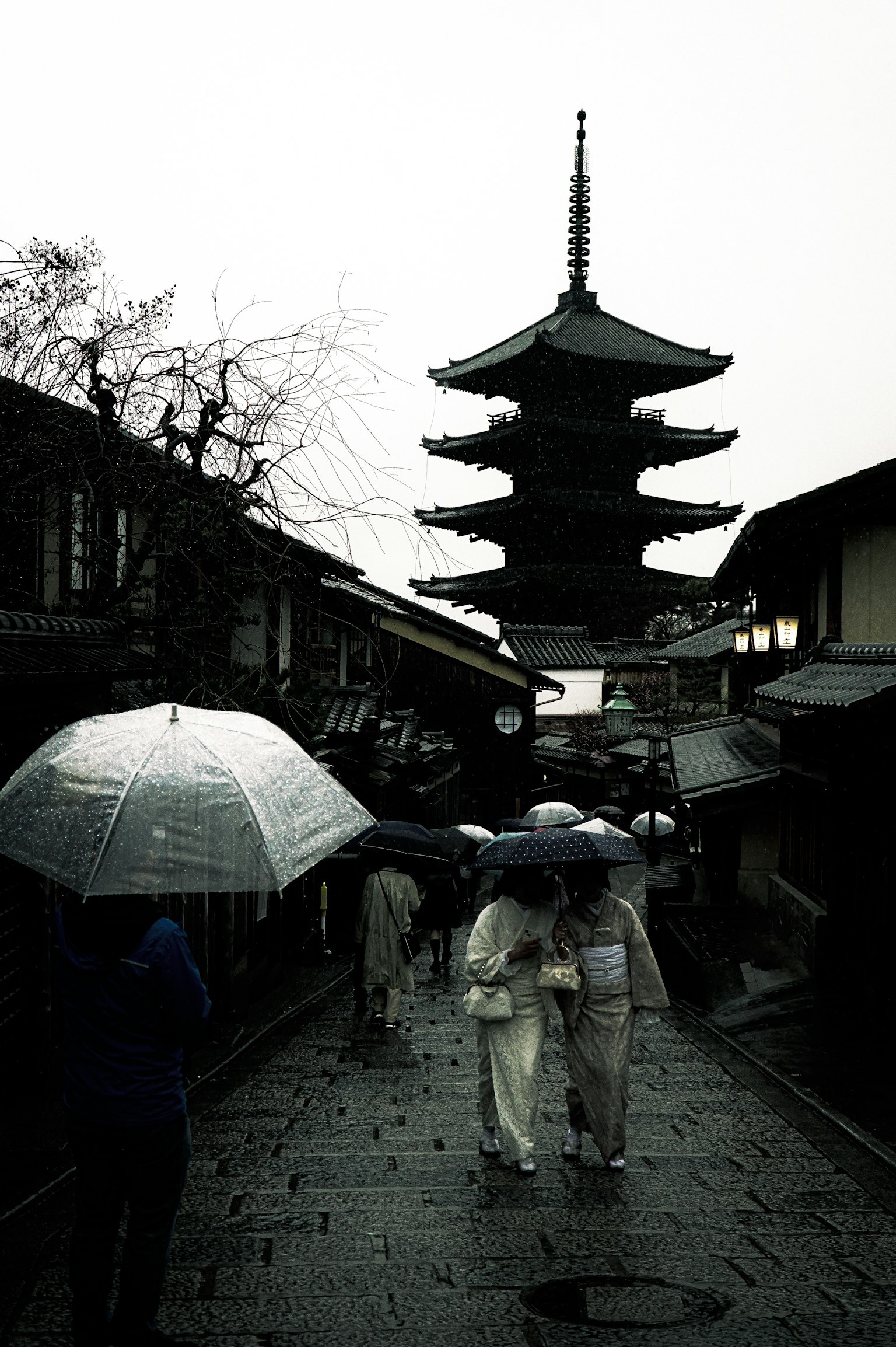 两位女性在传统日本街道上撑伞，背景是五重塔