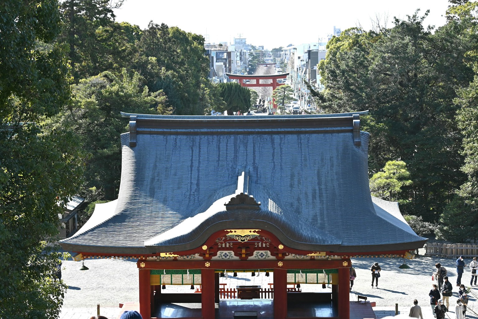 Roof of a shrine with green trees in the background