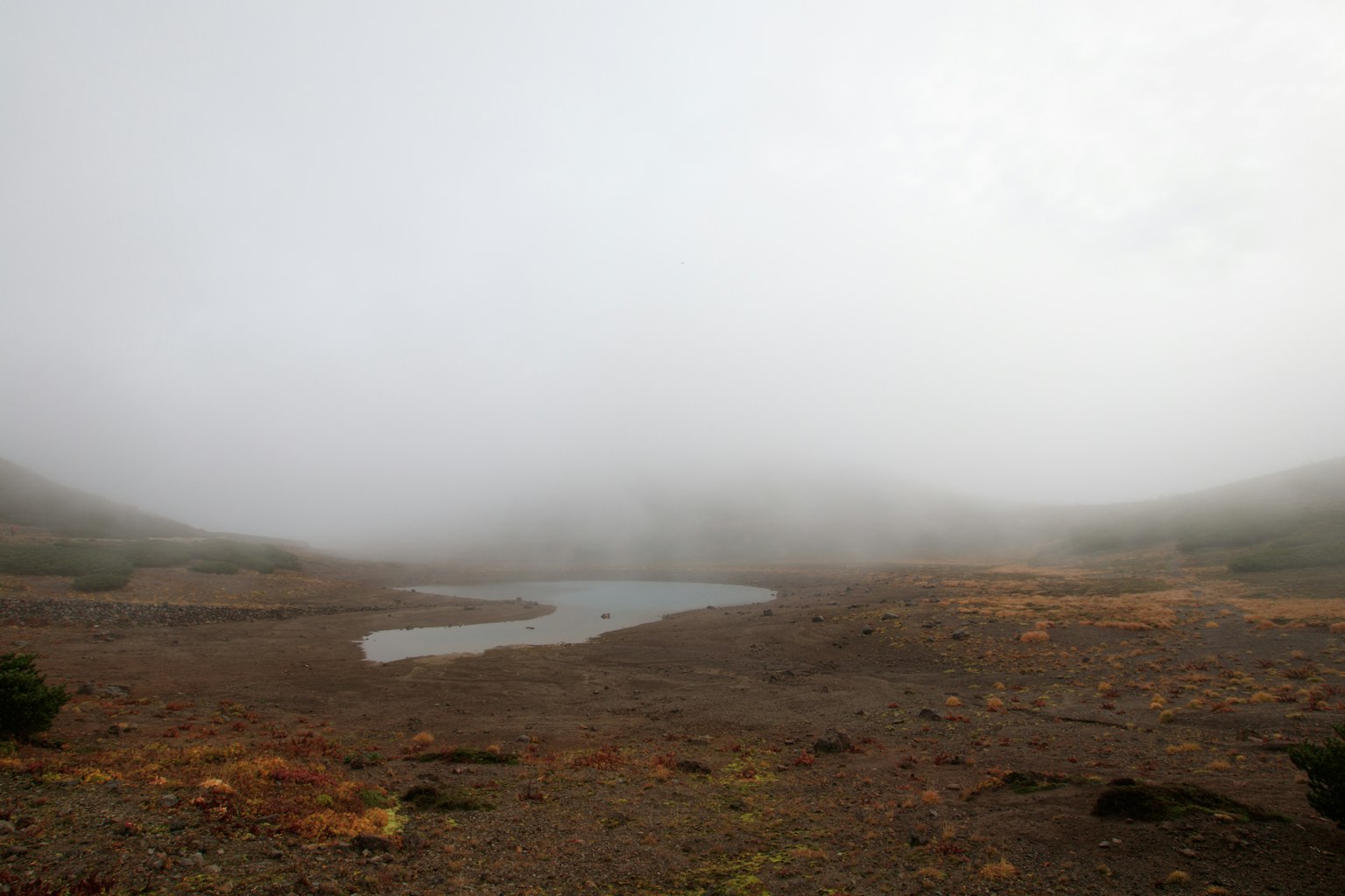 Paesaggio nebbioso con una piccola pozza e terreno arido
