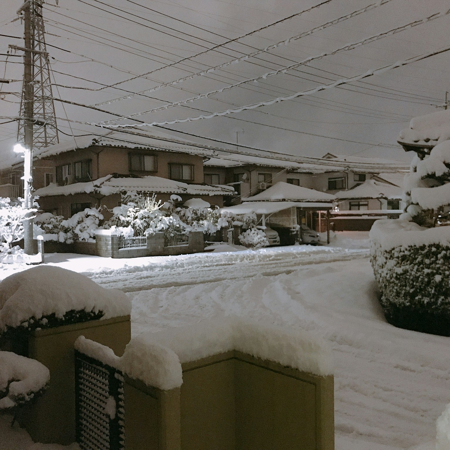 Schneebedeckte Wohngegend in der Nacht mit sichtbaren Stromleitungen und Straßenlaternen