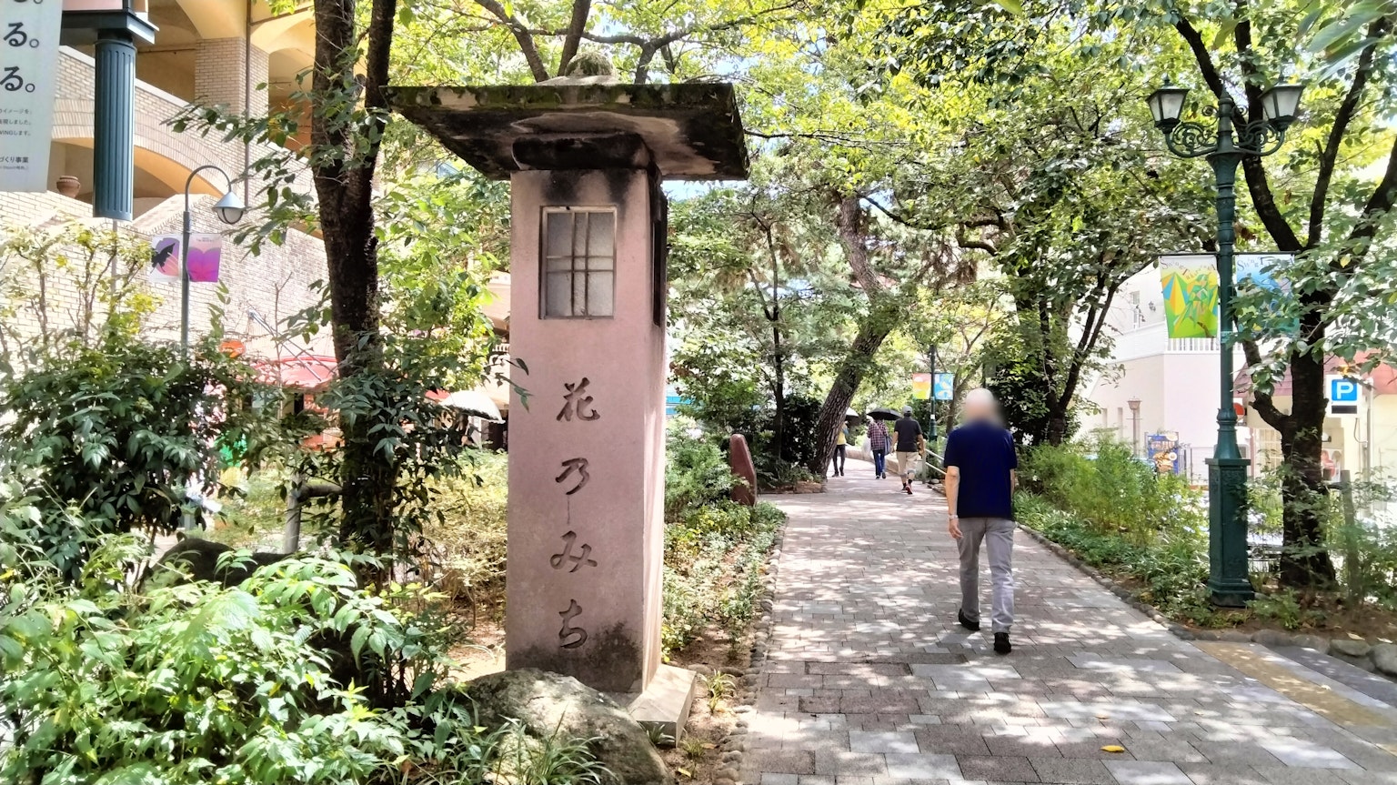 郁郁葱葱的公园小径上的石碑和一个人