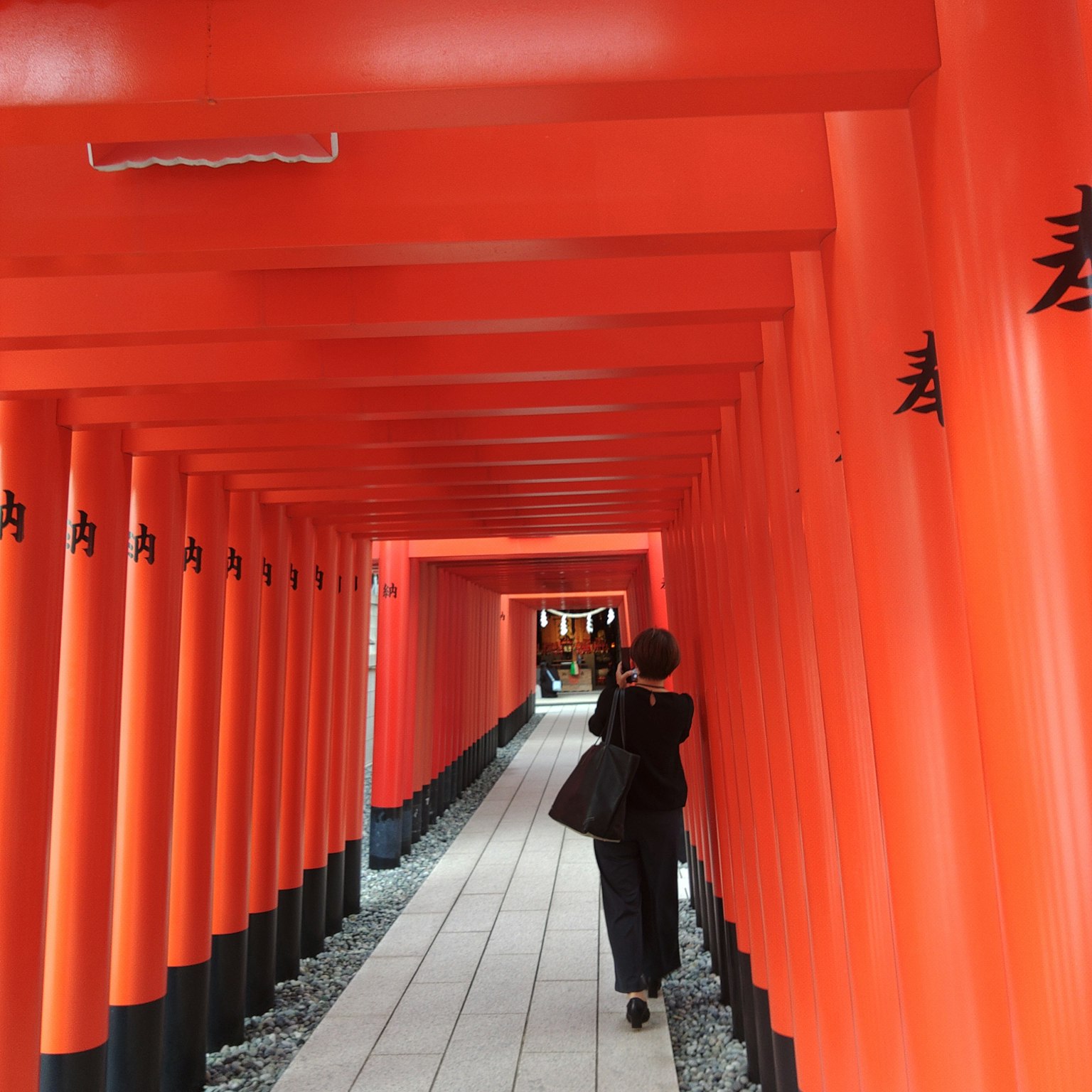 Una persona che cammina attraverso un tunnel di porte torii rosse