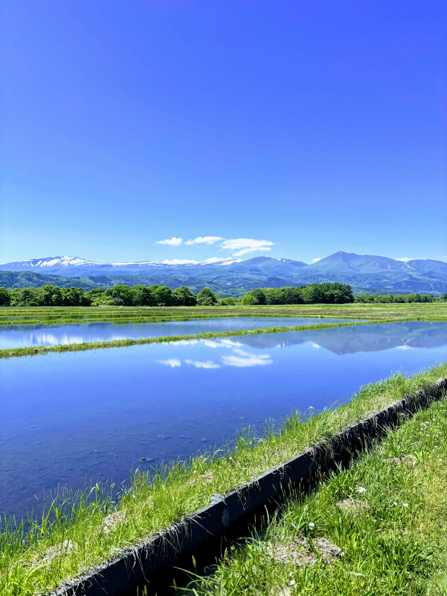 Serene river landscape reflecting blue sky and distant mountains