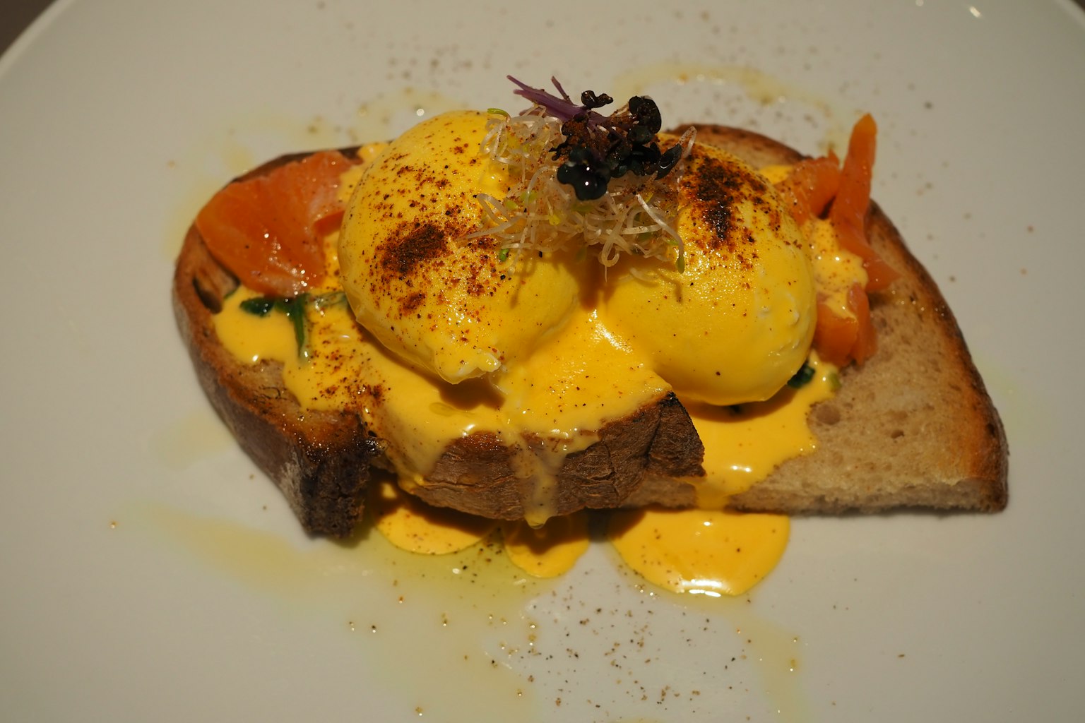 Gericht mit Eggs Benedict auf Toast mit Sauce Hollandaise und Garnierungen
