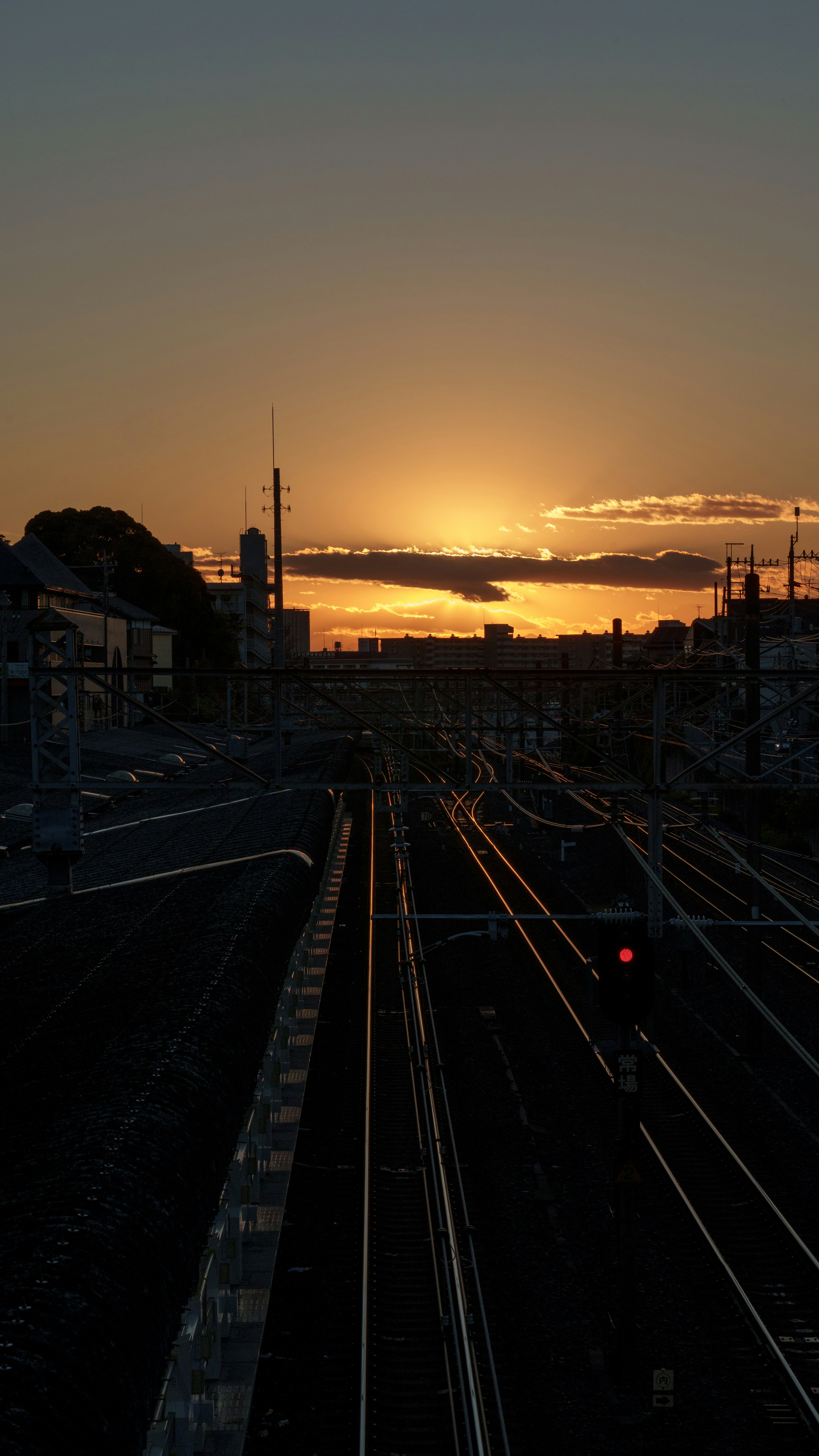 夕暮れの線路と高架の街並み