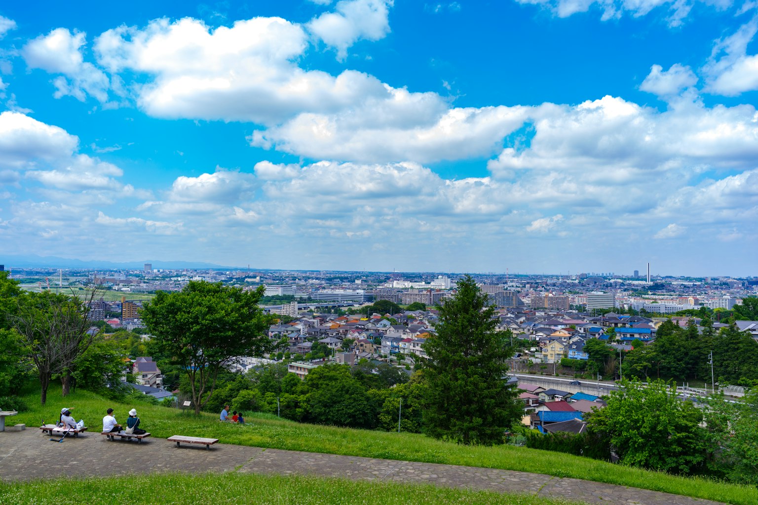 藍天白雲下的城市全景 綠色丘陵和幾個人坐著