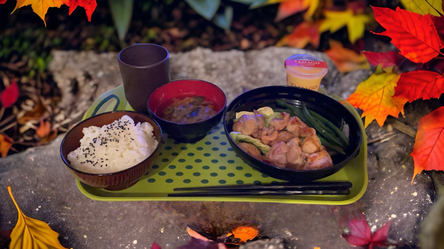Comida japonesa servida en una bandeja verde rodeada de hojas de otoño