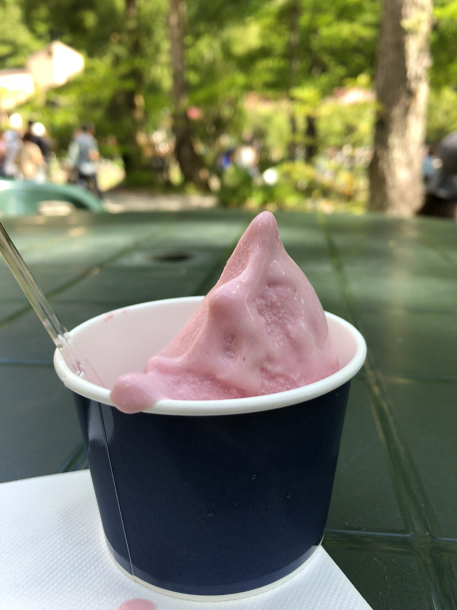 蓝色杯子里的粉色软冰淇淋，背景有树木