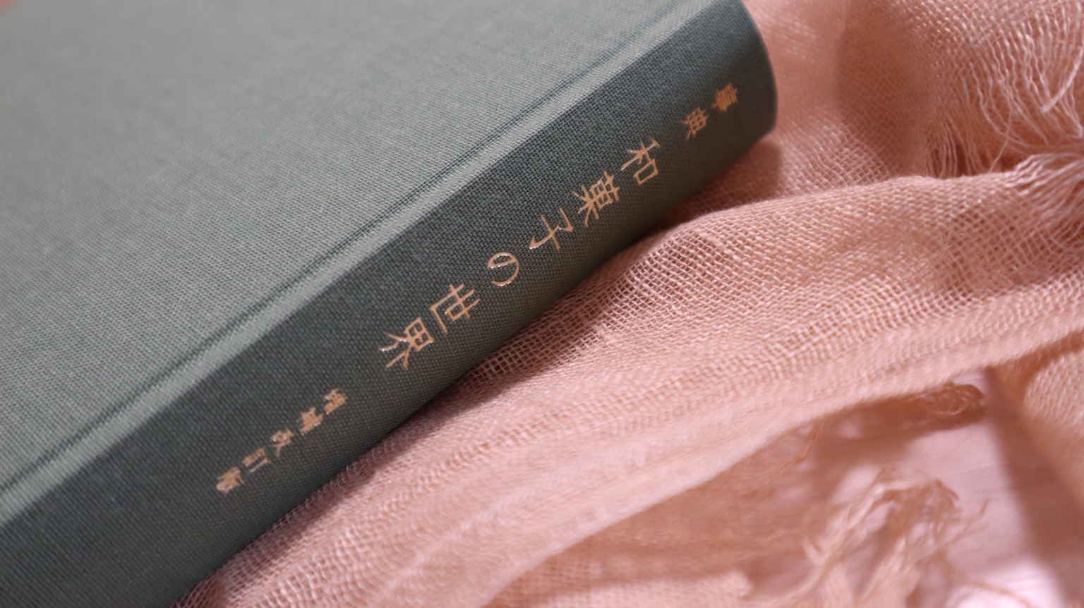 부드러운 분홍색 천 위에 놓인 녹색 표지의 책