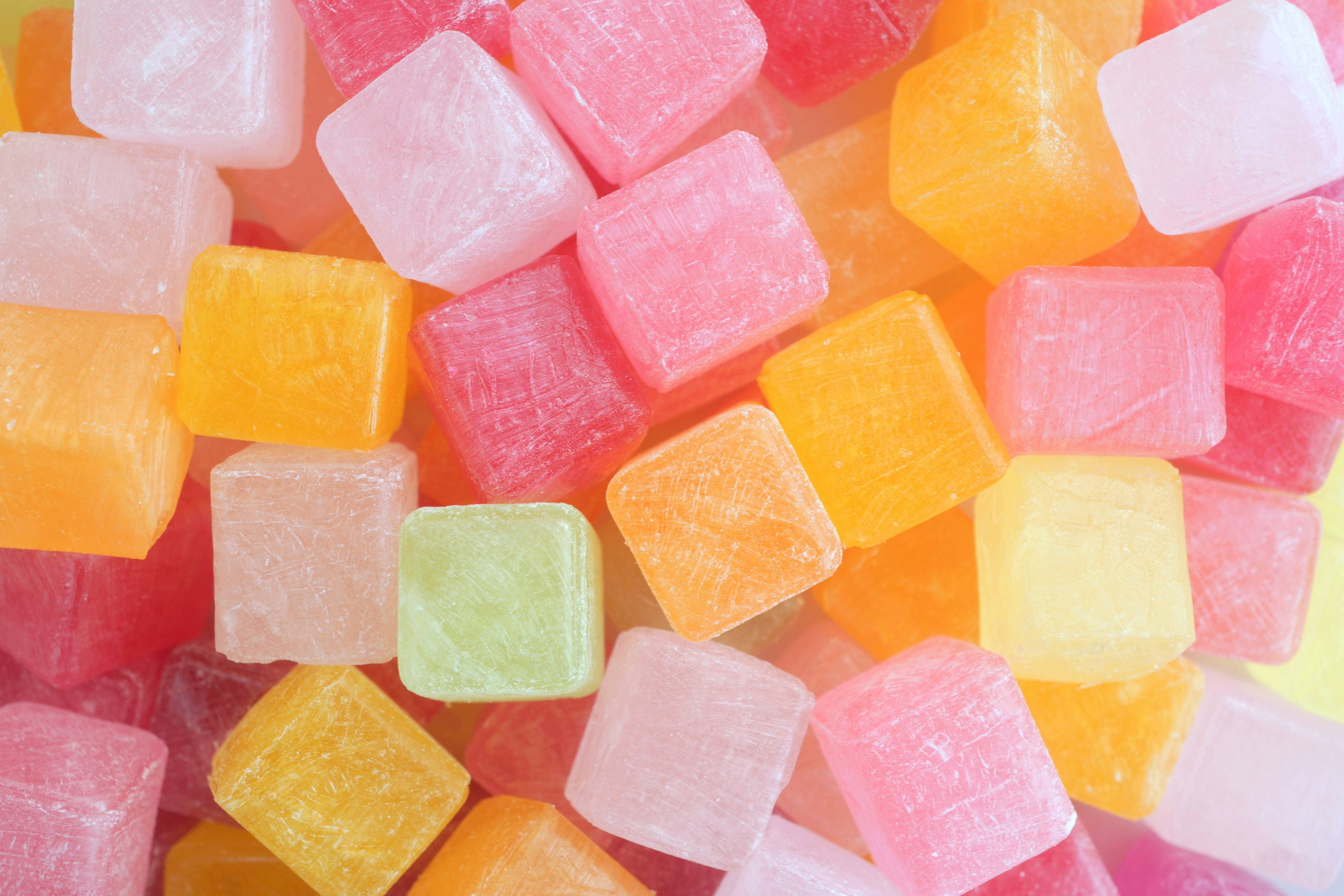close-up of colorful sugar cubes