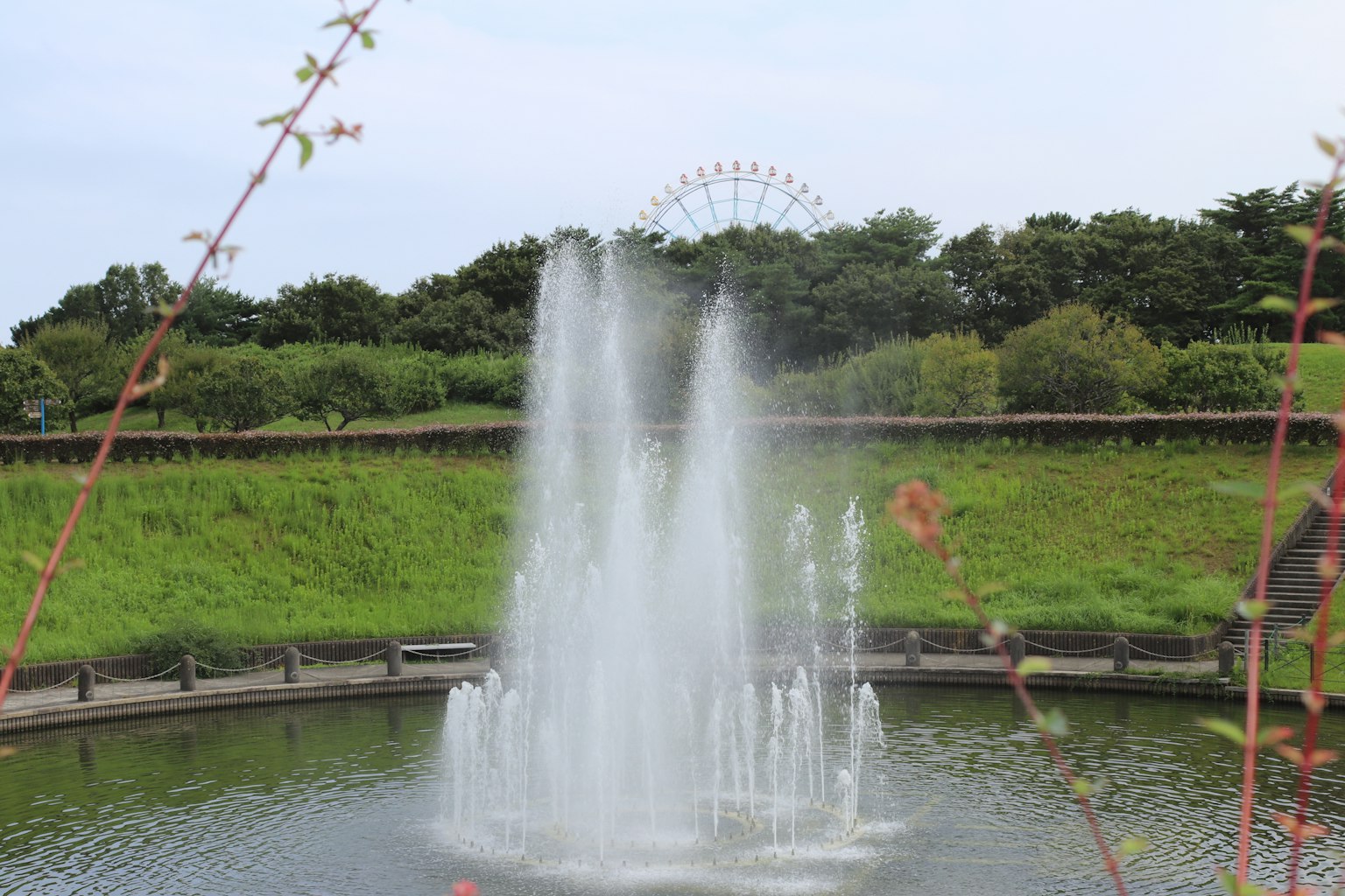 Una vista pittoresca di un parco con una fontana in uno stagno e una ruota panoramica sullo sfondo