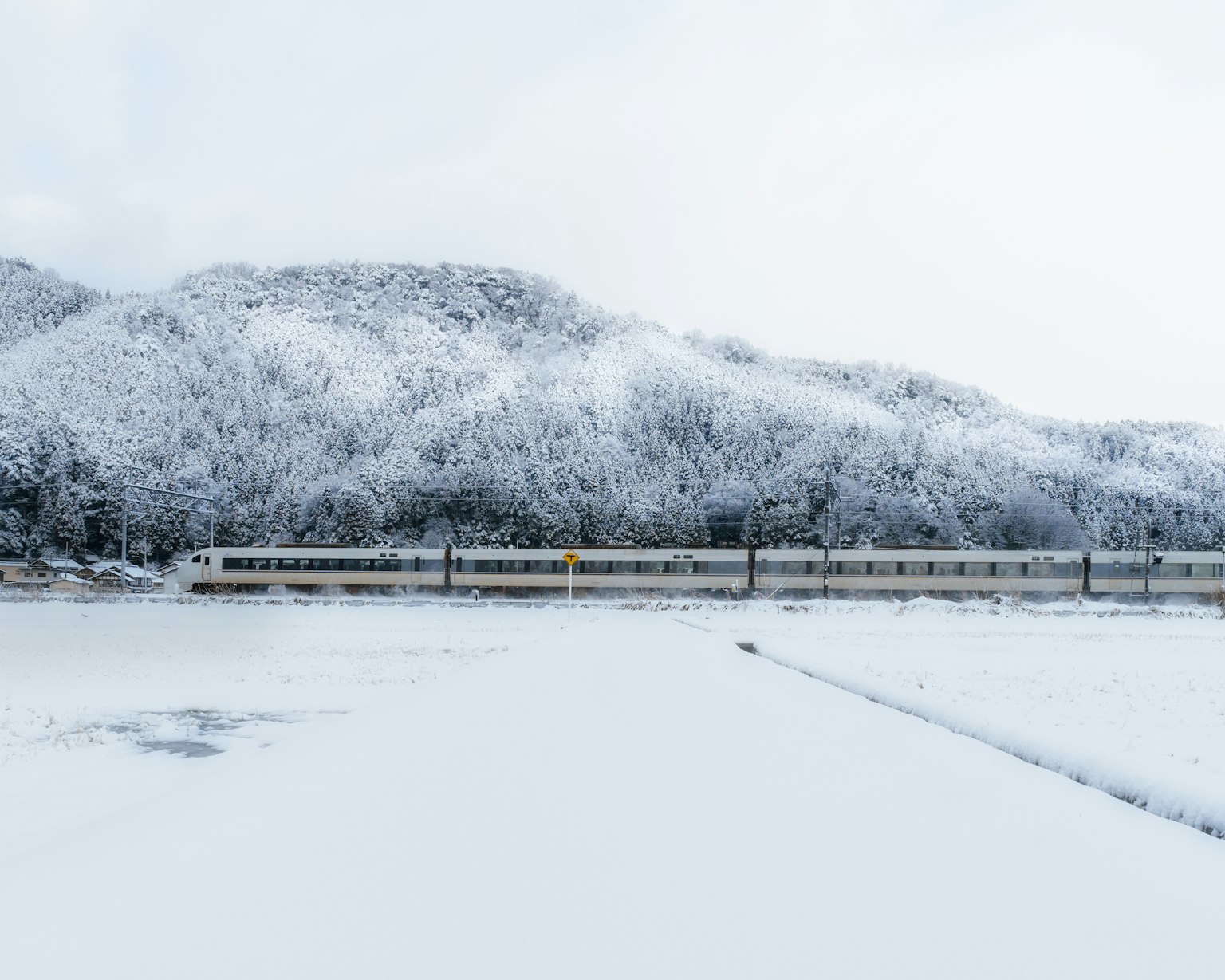 Train traveling through a snowy landscape with mountains