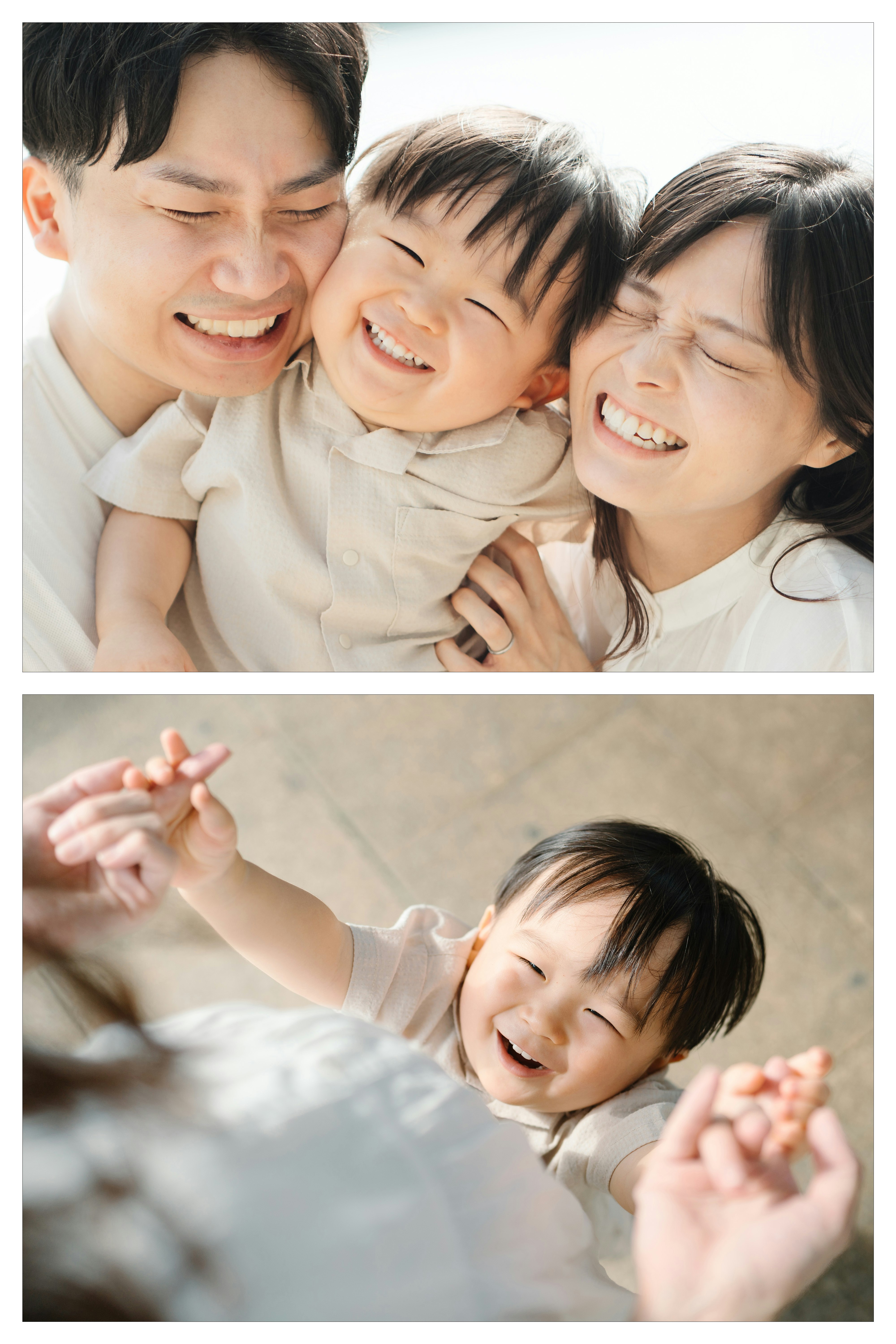 ママとパパに抱かれた2歳の誕生日の笑顔
