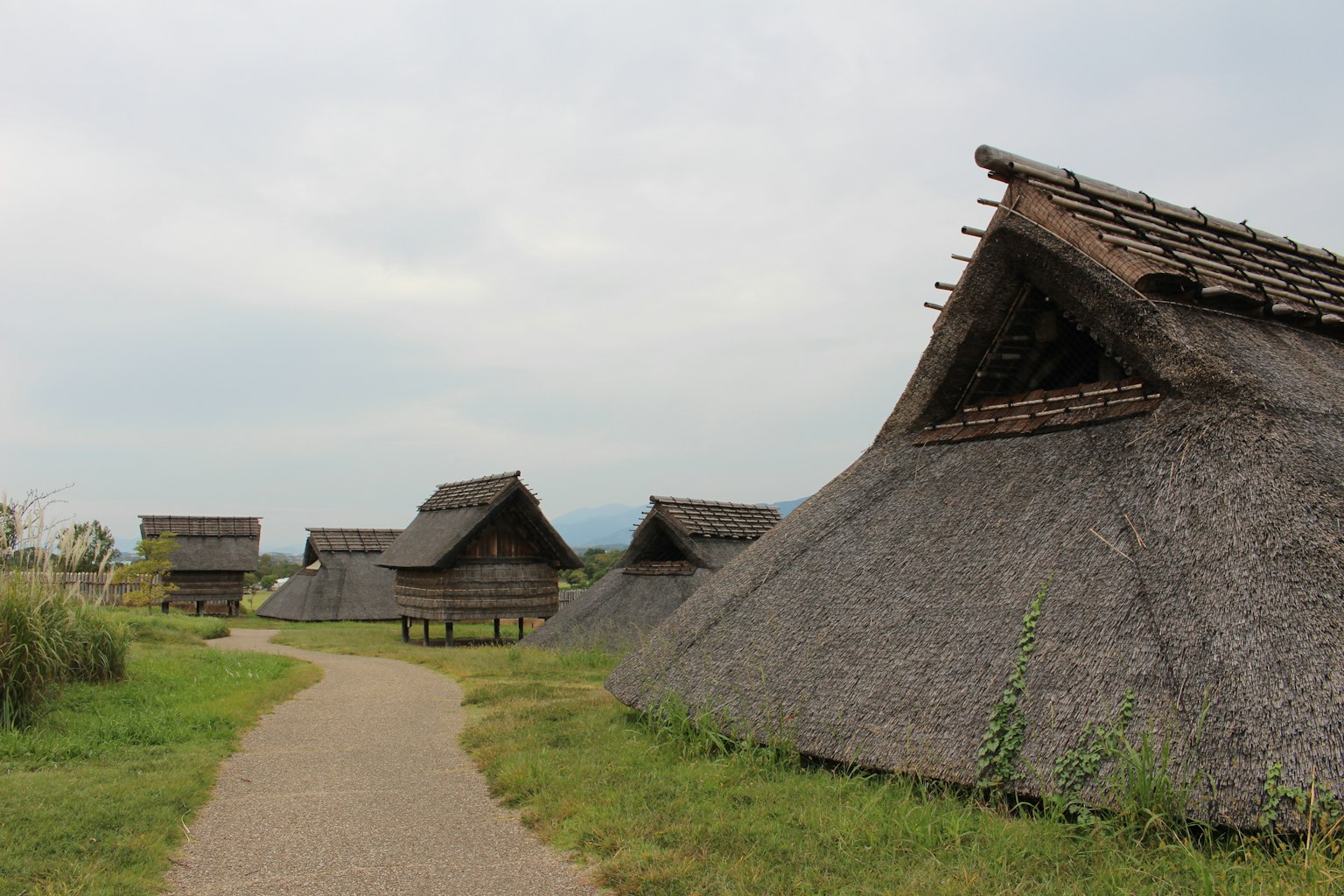 古代茅草屋沿小路的風景