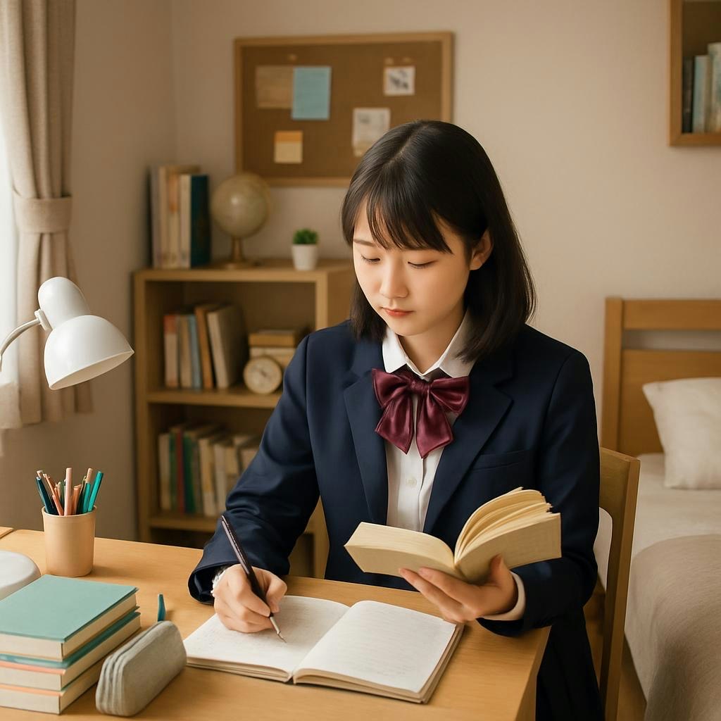 自室で勉強する制服姿の学生がノートに書き込む様子