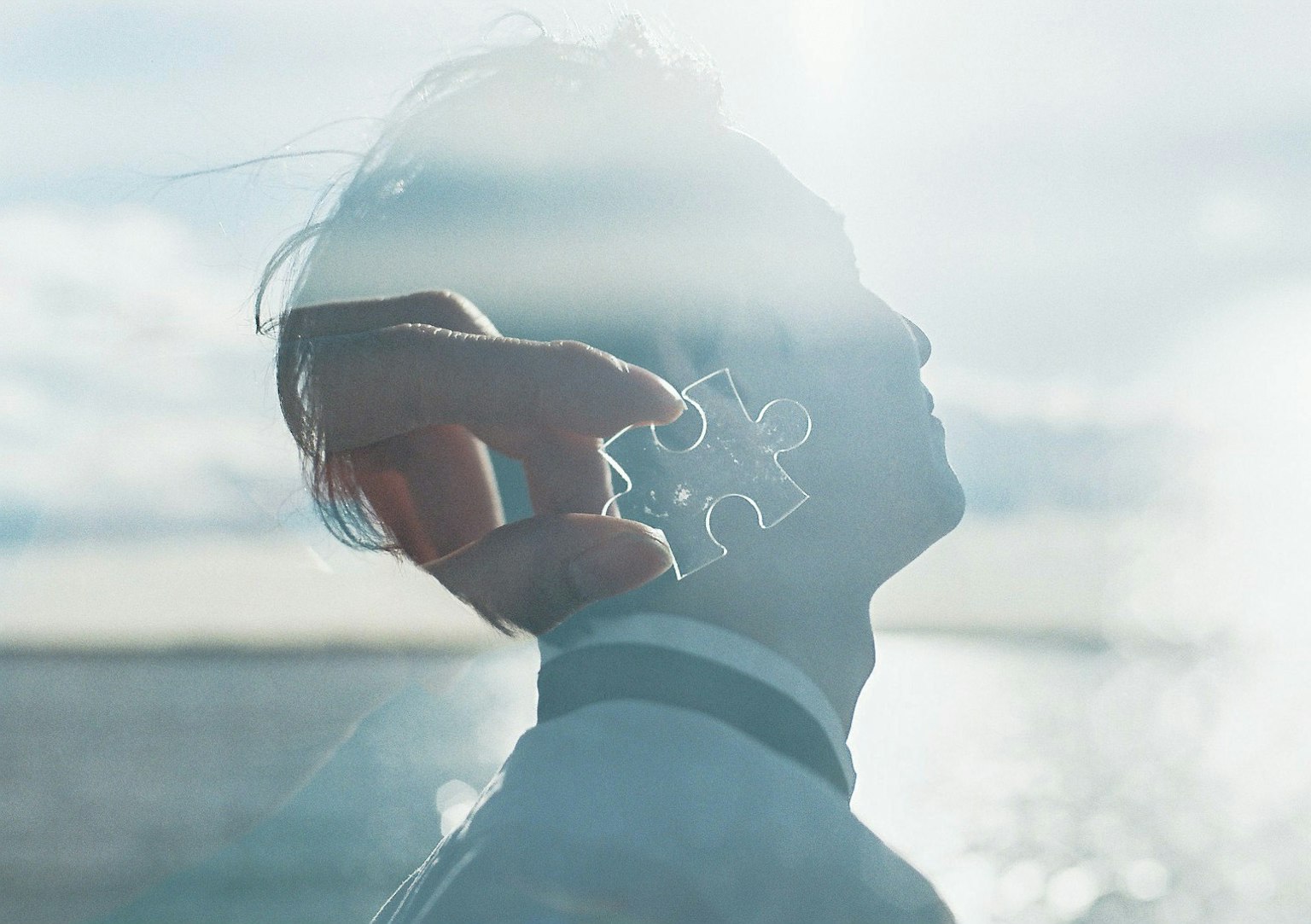 Silhouette einer Person, die ein Puzzlestück vor einem Meereshorizont hält