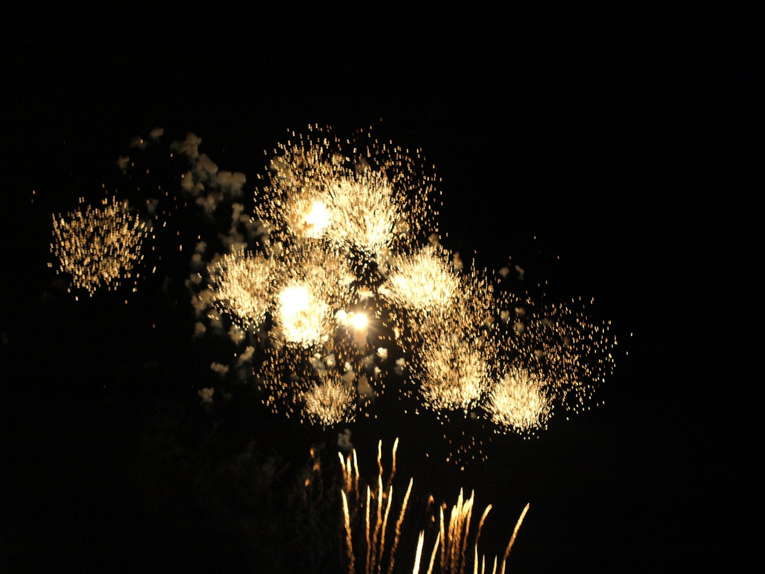 Goldene Feuerwerke, die am Nachthimmel explodieren
