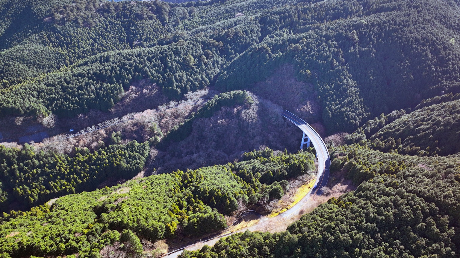 Vista aerea di una strada tortuosa circondata da colline verdi