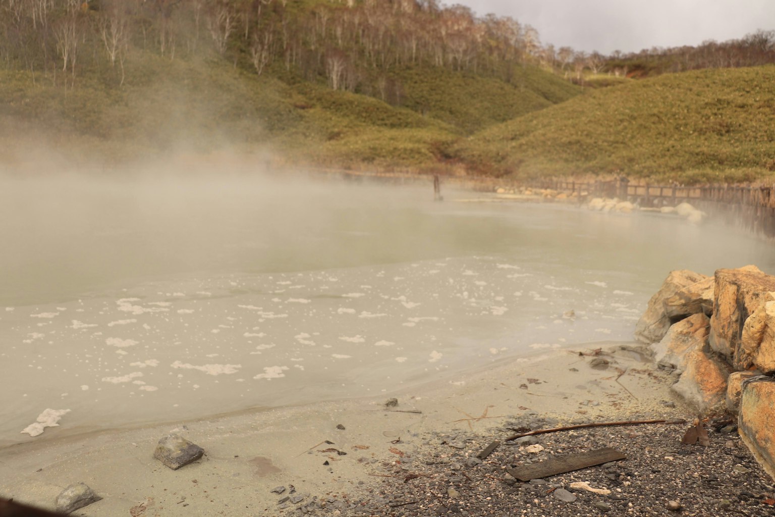 Un paisaje sereno con vapor que se eleva de un manantial caliente