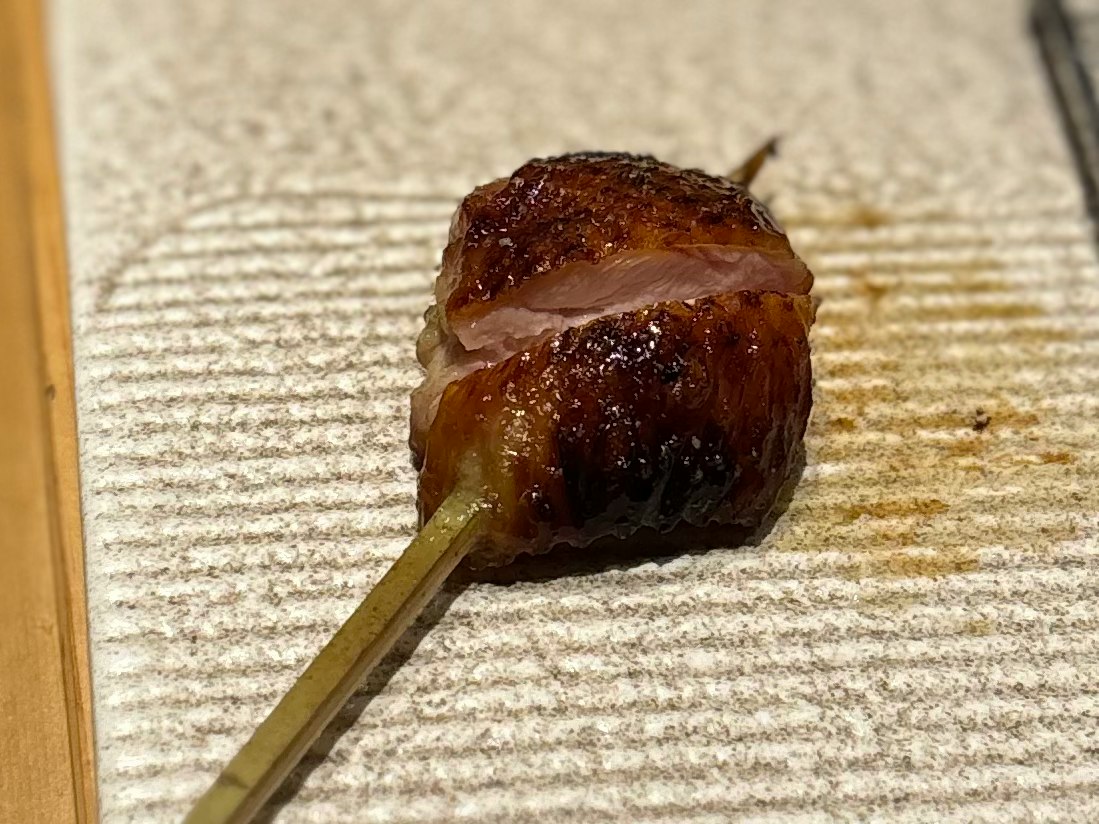 close-up of a grilled chicken skewer cross-section