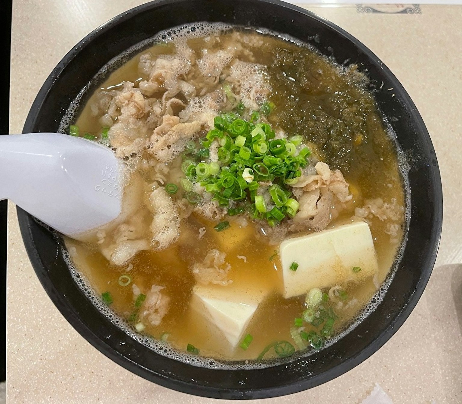 一碗熱湯裡有肉豆腐和蔥