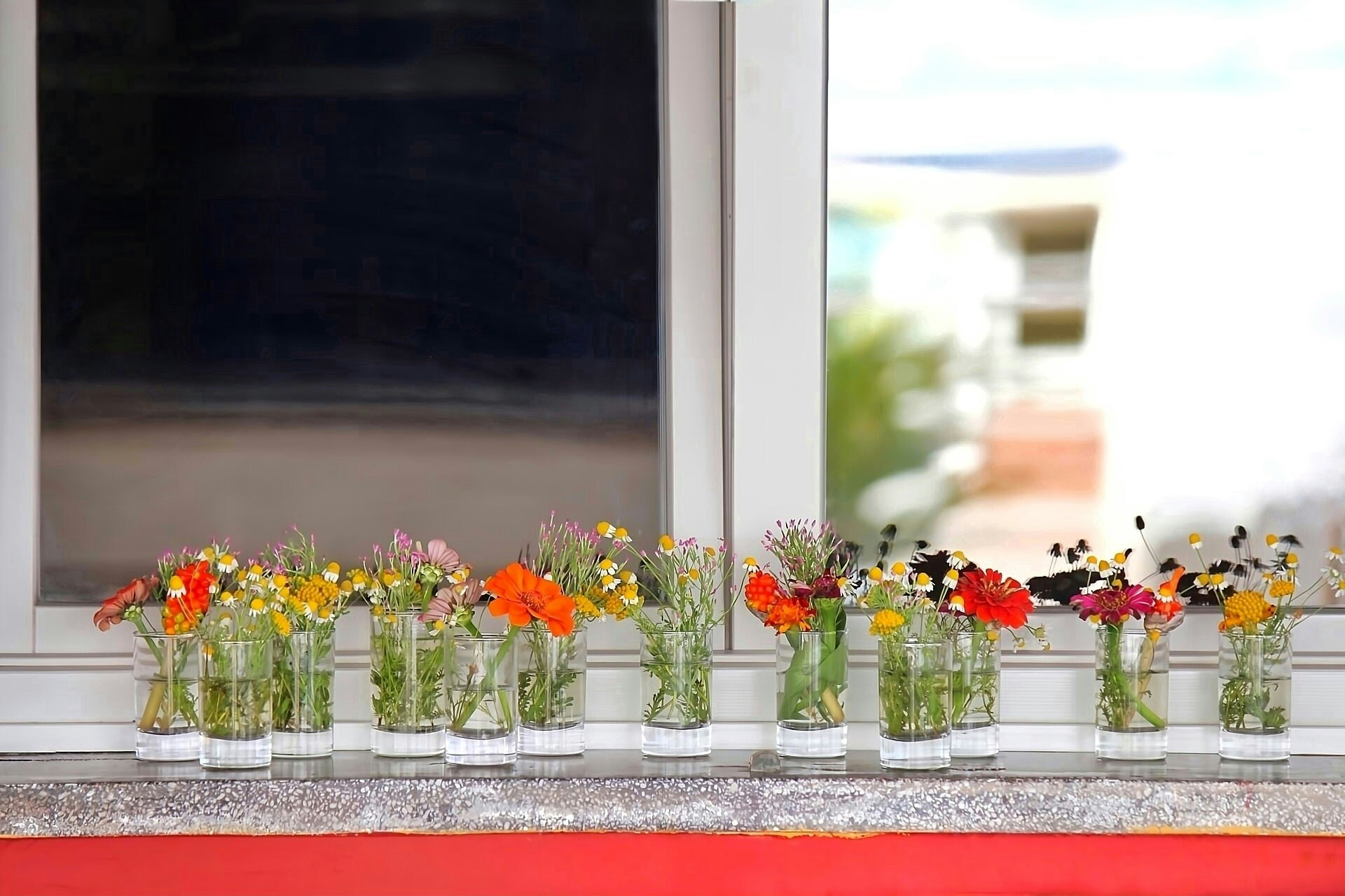 窓辺に飾った春のカラフルなお花の花瓶