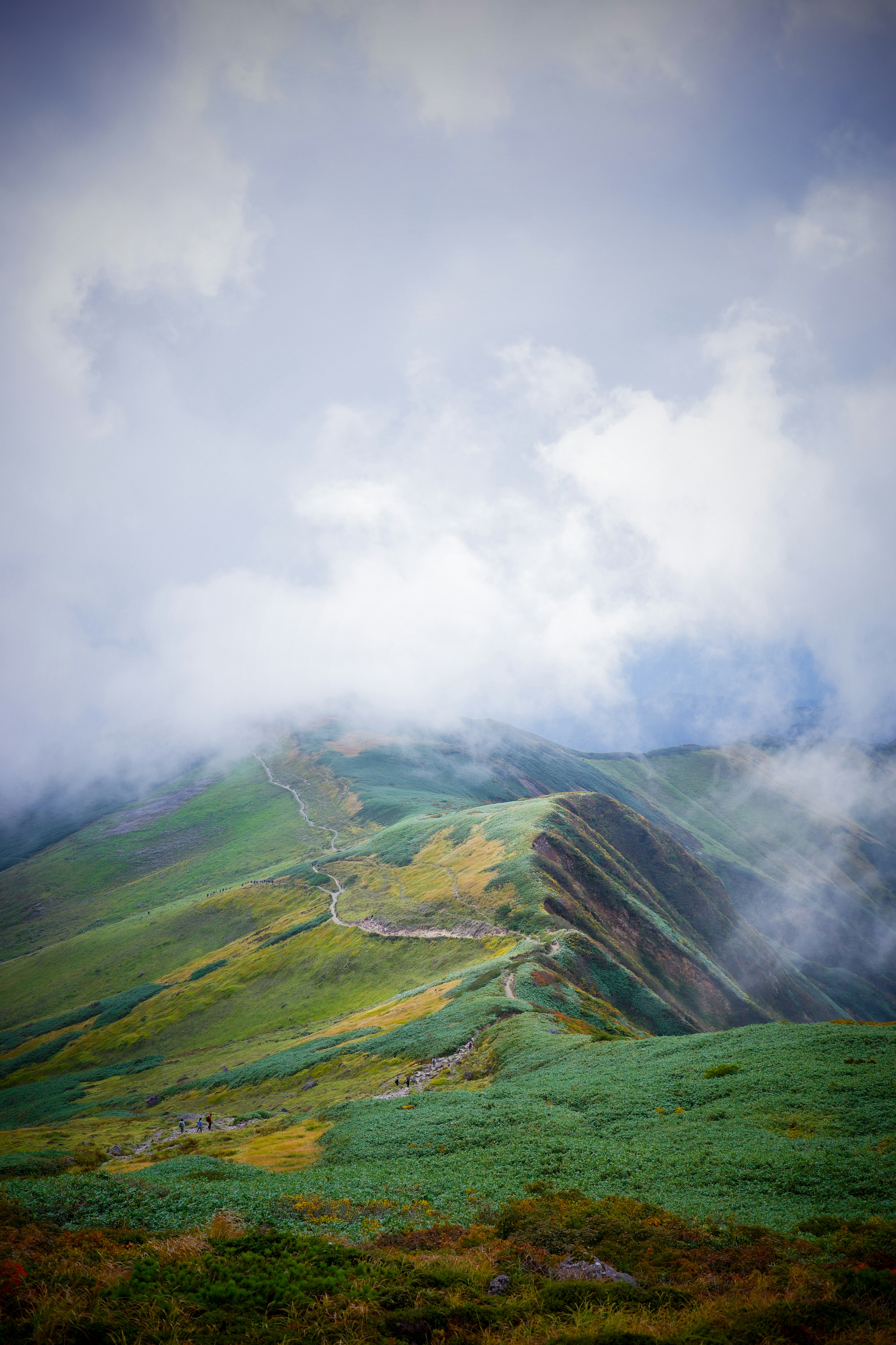 霧のかかった緑の山並みと雲の広がる風景