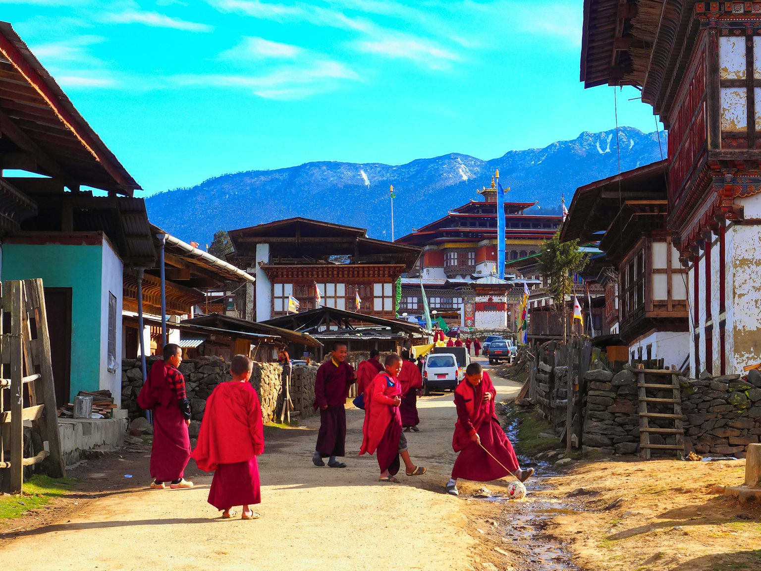 Monks in red robes walking along a village street