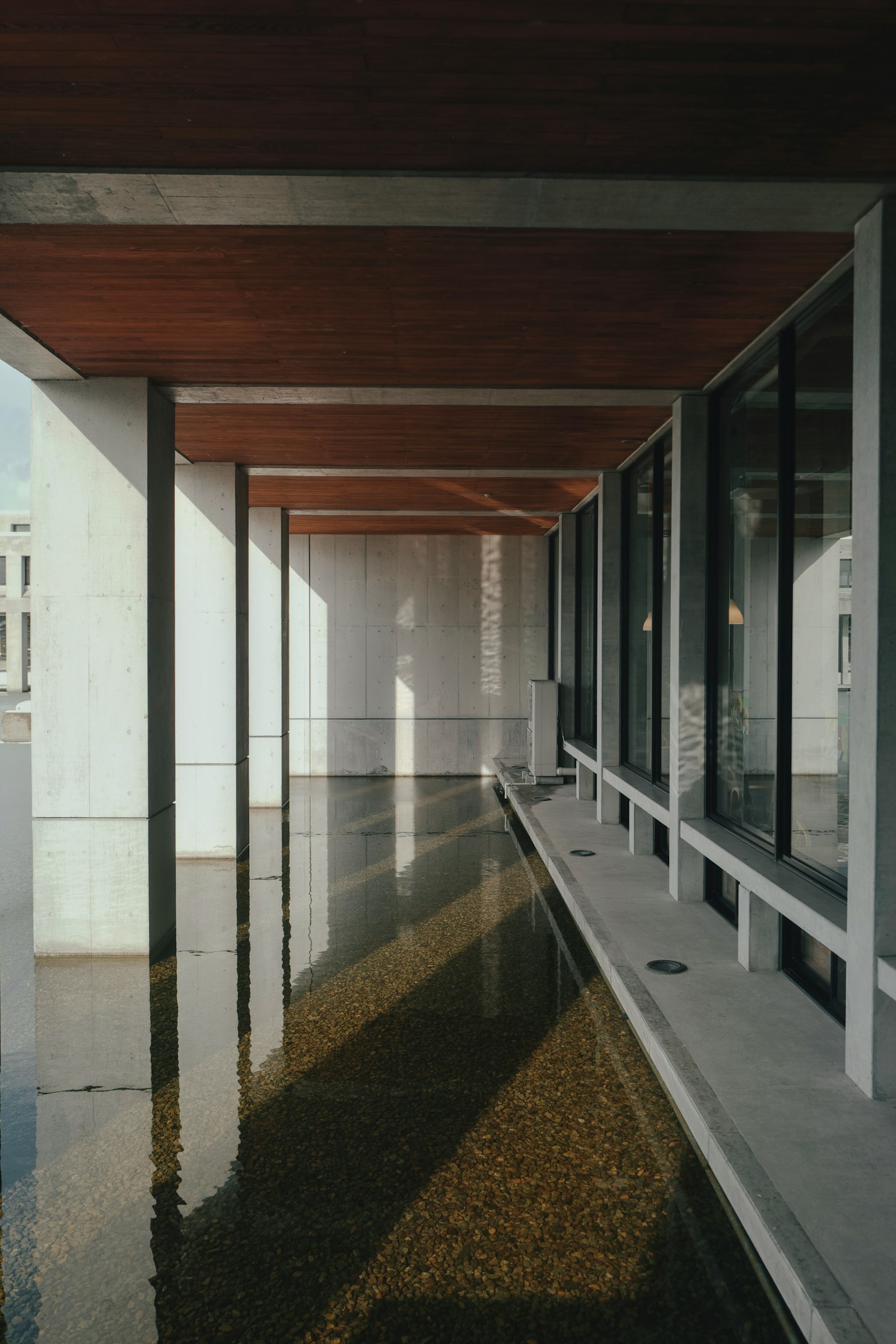 現代的な建築の内部空間 窓からの自然光が差し込む 水面に映る影と色