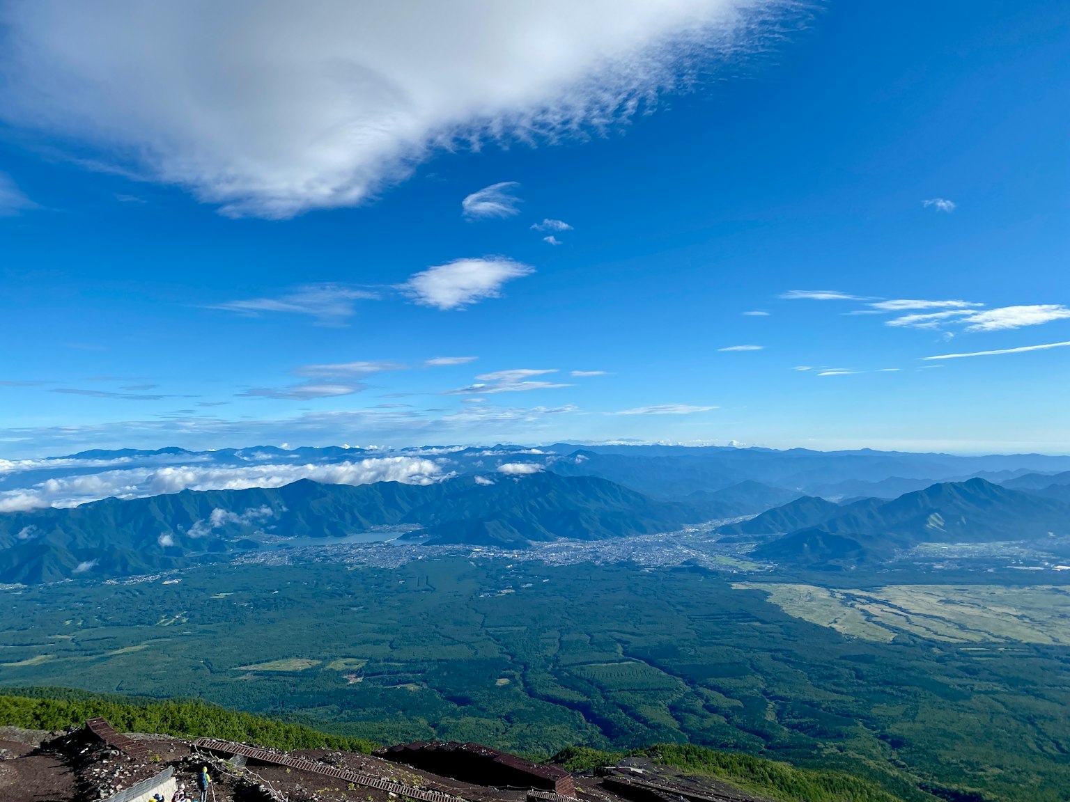Panoramic view of green mountains under a clear blue sky