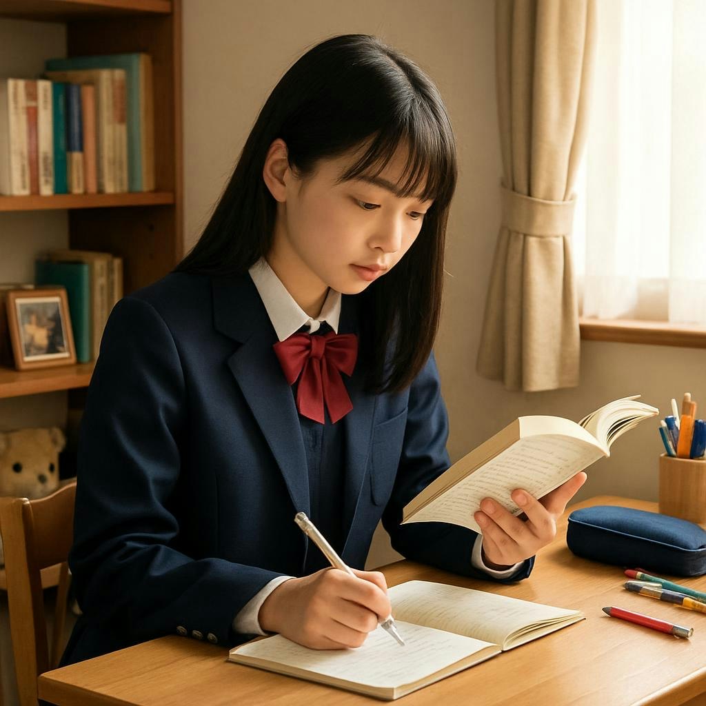 自室で勉強する制服姿の女の子がノートに書き込む様子